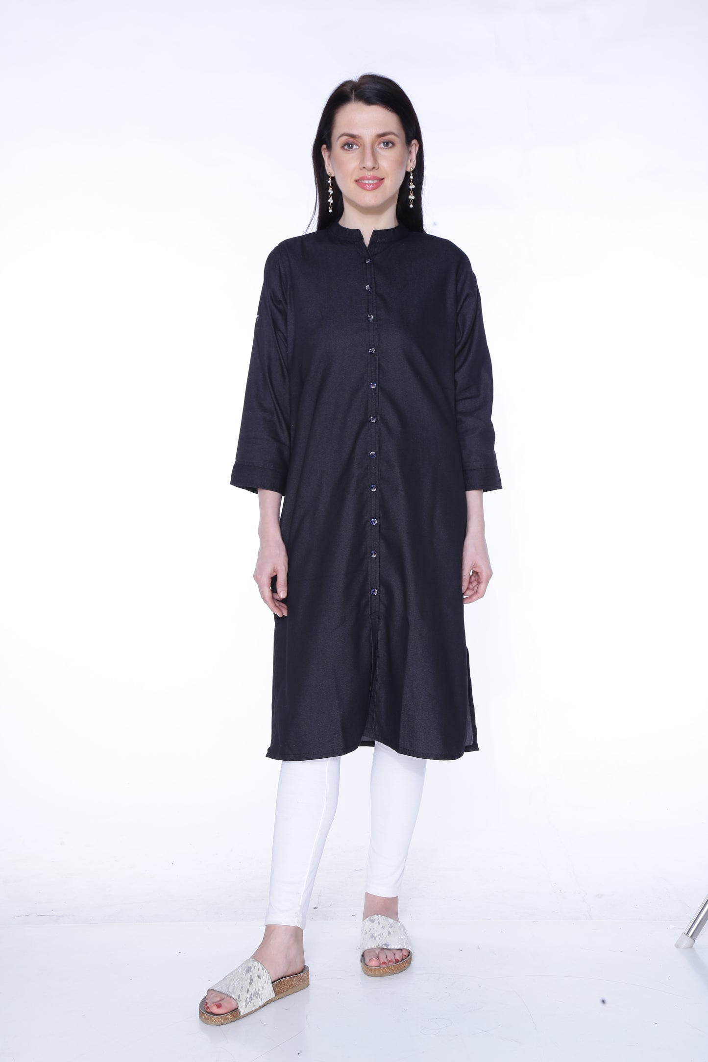 Front view of Cefalu®️ Women's Black Denim Kurti, showcasing a mandarin collar with fashionable buttons.