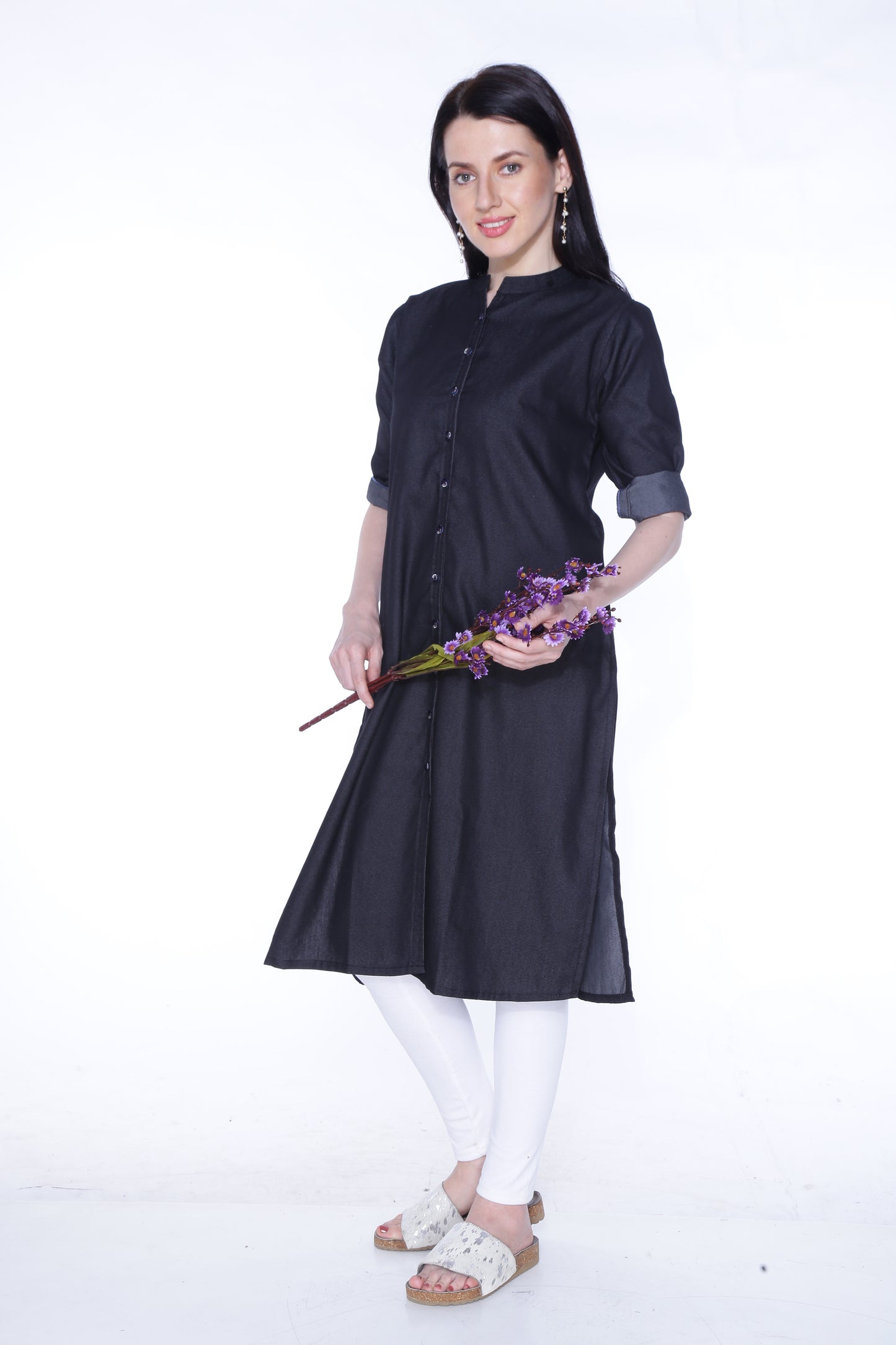 Full model view of Cefalu®️ Women's Black Denim Kurti, styled to display its sophisticated, casual look.