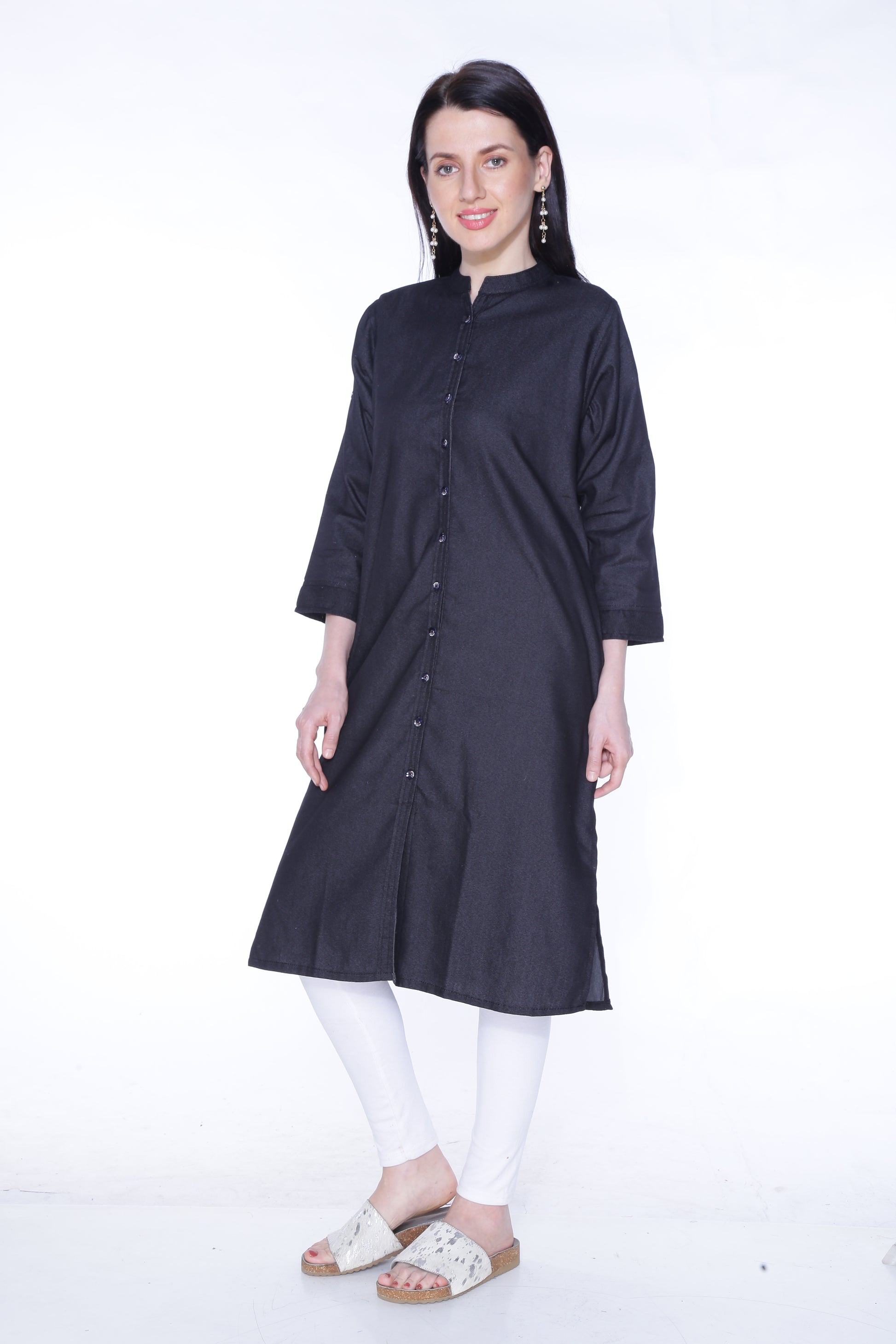 Side view of Cefalu®️ Women's Black Denim Kurti, emphasizing the 3/4th sleeves and straight fit.