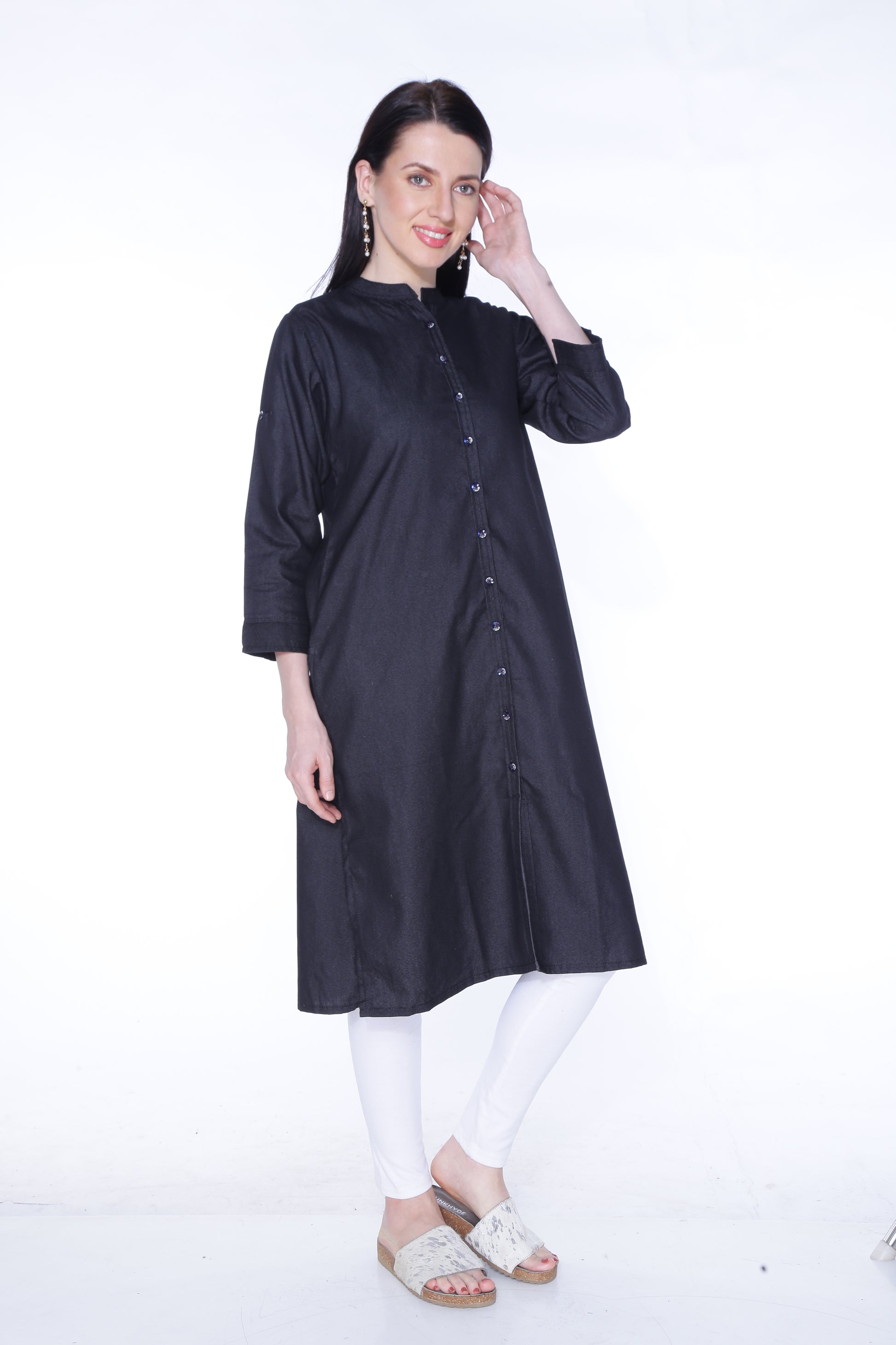 Side view of Cefalu®️ Women's Black Denim Kurti, emphasizing the 3/4th sleeves and straight fit.