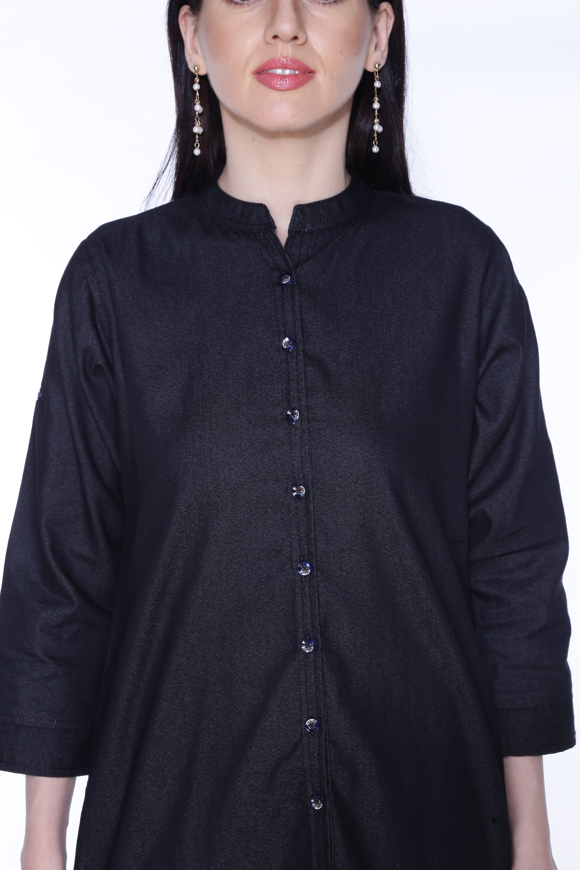 Closeup of Cefalu®️ Women's Black Denim Kurti fabric and stylish buttons, highlighting the solid black denim texture.