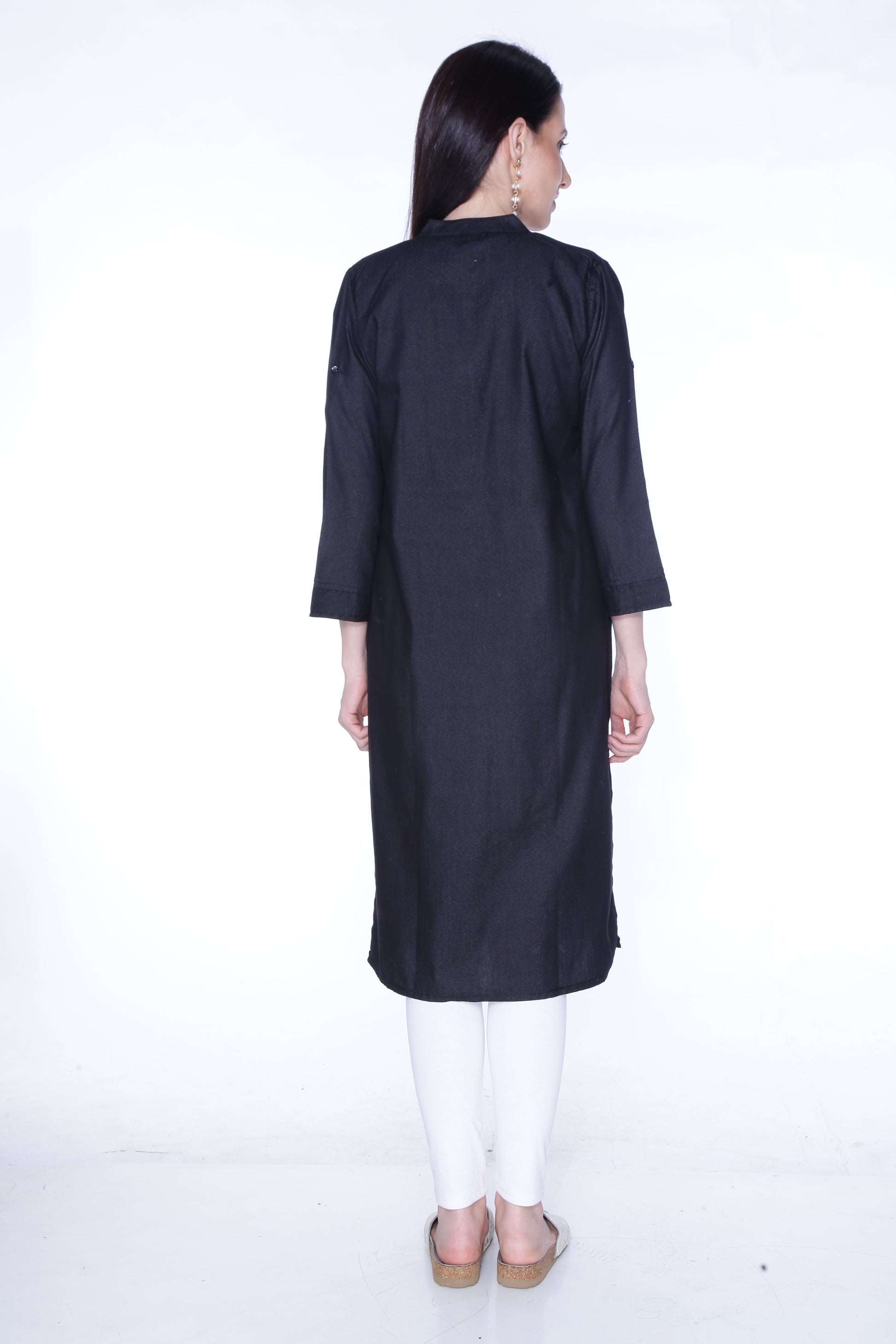 Back view of Cefalu®️ Women's Black Denim Kurti, showing the straight cut and calf-length design.