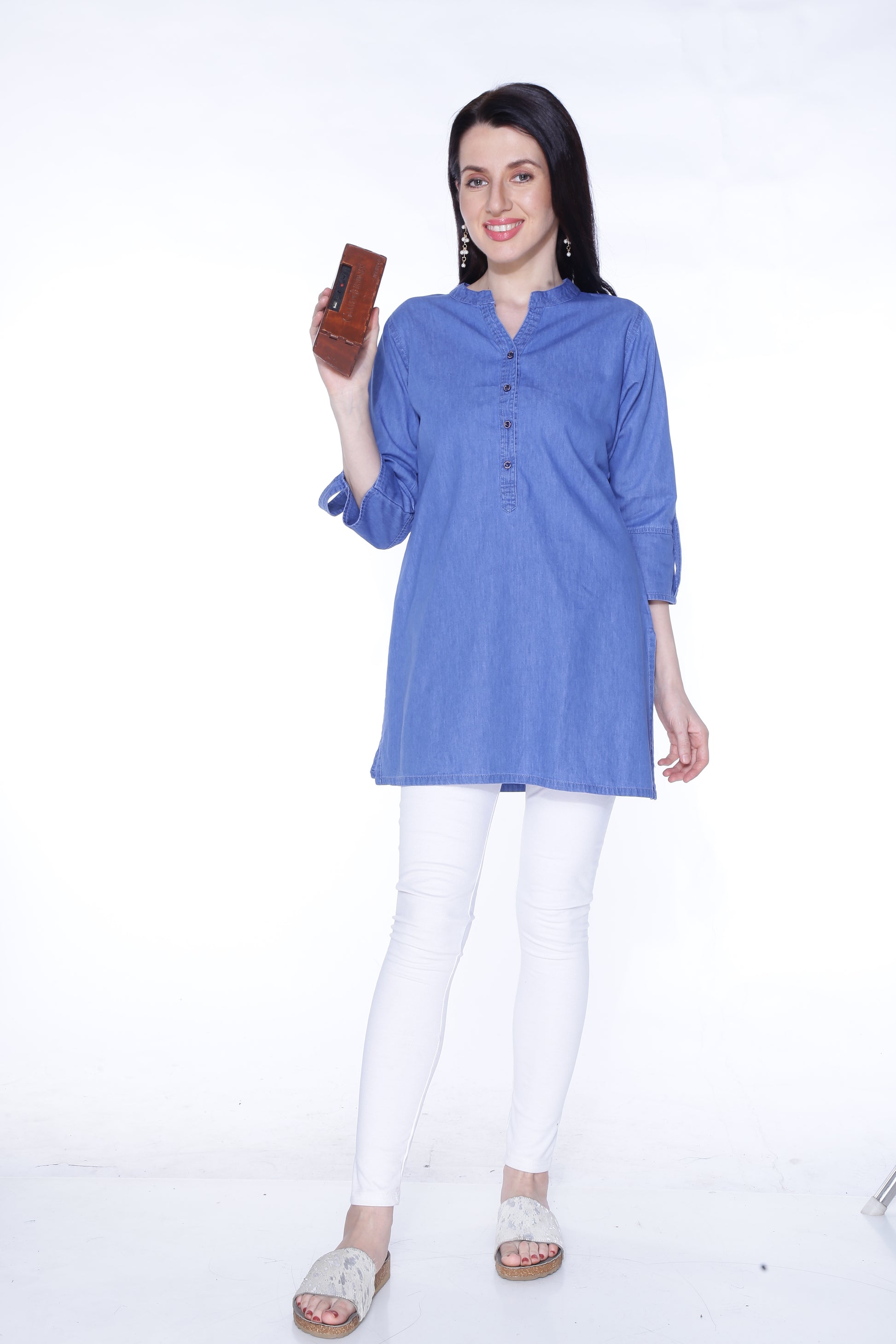 Full model view of Cefalu®️ Women's Light Blue Denim Kurti, styled for a complete look with a comfortable and chic appearance.