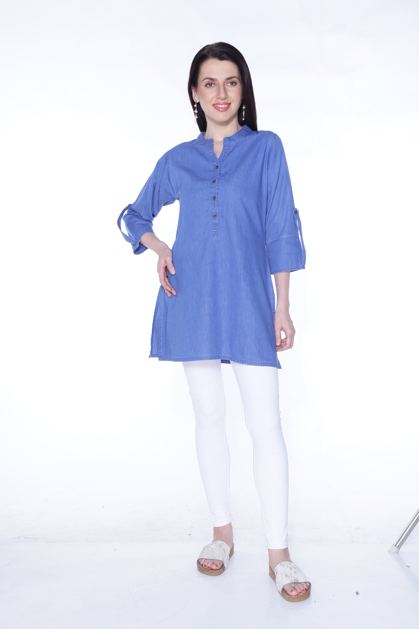 Front view of Cefalu®️ Women's Light Blue Denim Kurti, featuring a mandarin collar and 3/4th sleeves.