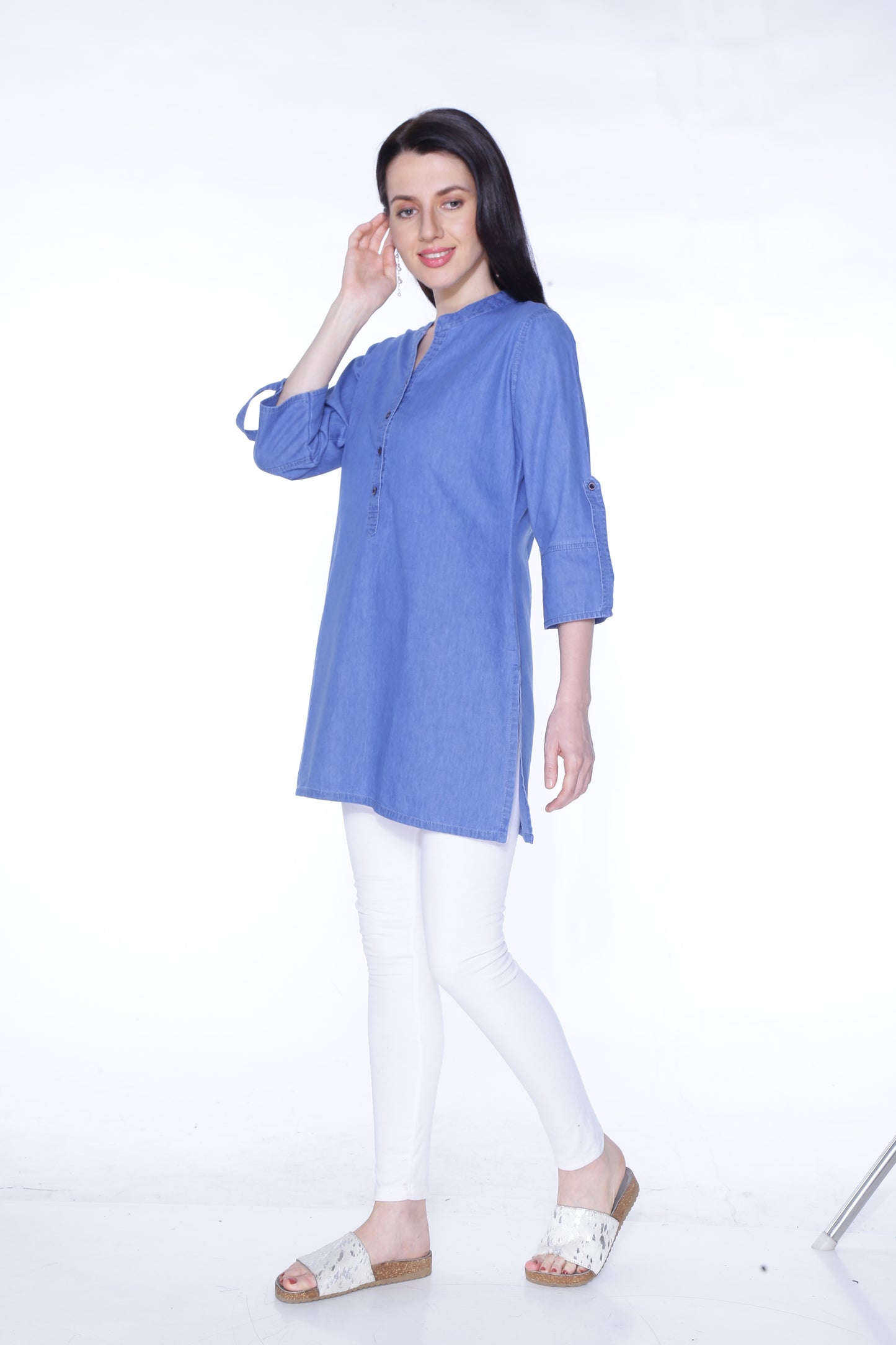 Side view of Cefalu®️ Women's Light Blue Denim Kurti, emphasizing the straight fit and sleeve length.