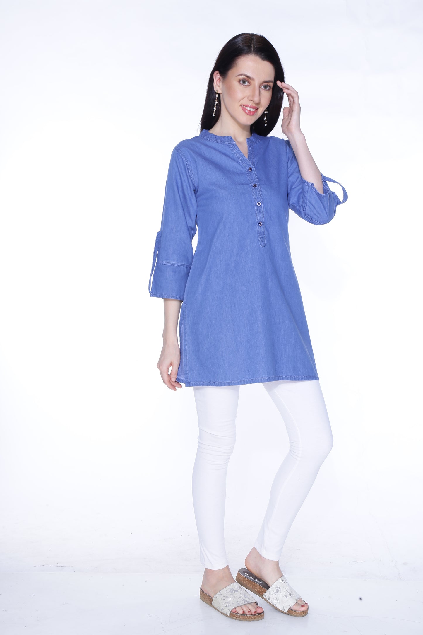 Side view of Cefalu®️ Women's Light Blue Denim Kurti, emphasizing the straight fit and sleeve length.