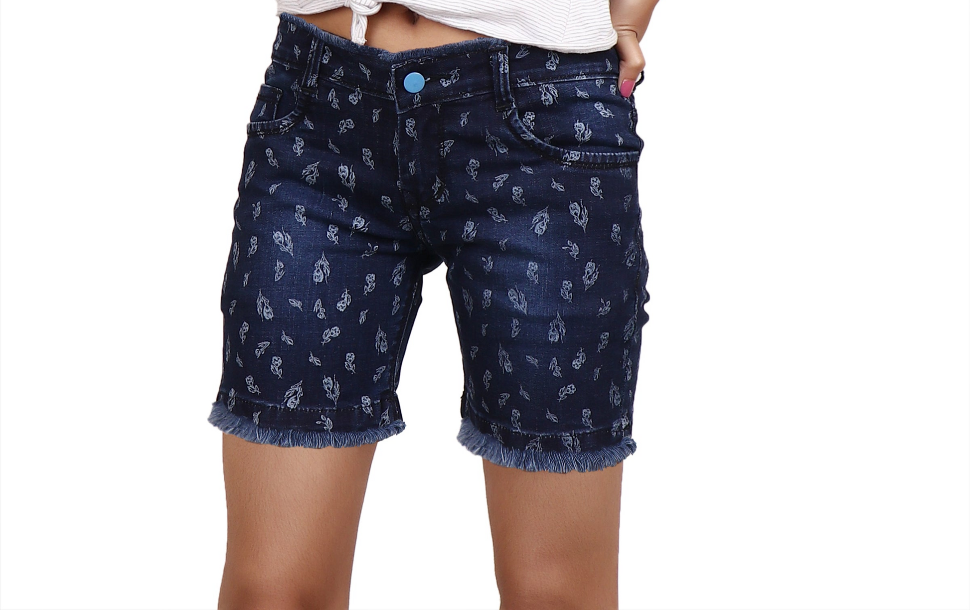 Front view of Cefalu®️ Women’s Dark Blue Denim Shorts, highlighting the printed design and skinny fit.