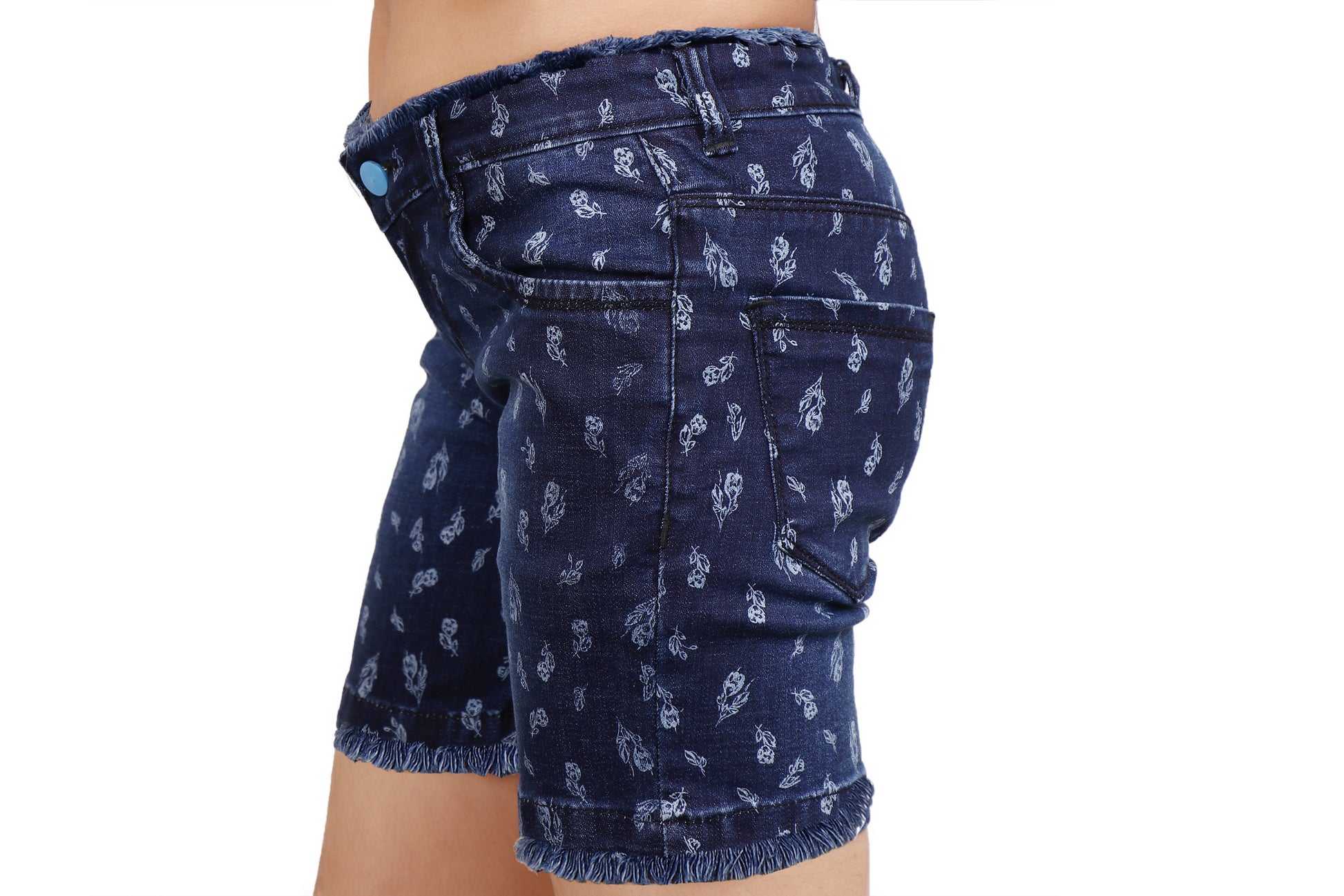 Right side view of Cefalu®️ Women’s Dark Blue Denim Shorts, showcasing the printed design and comfortable fit.