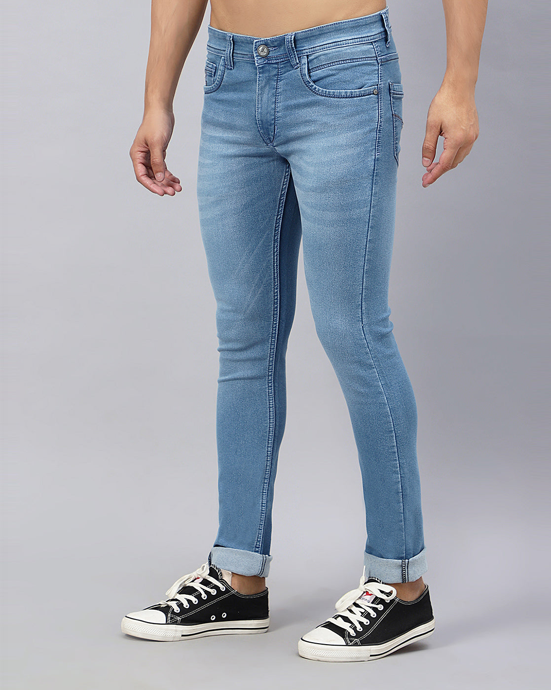 Left side view of True Colors of India®️ (TCI) Men’s Light Blue Slim Fit Jeans, showing the side profile and slim fit.