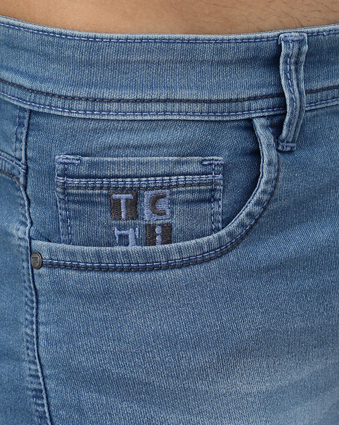 Close-up of the coin pocket on True Colors of India®️ (TCI) Men’s Light Blue Slim Fit Jeans, highlighting the detailed stitching and classic design.