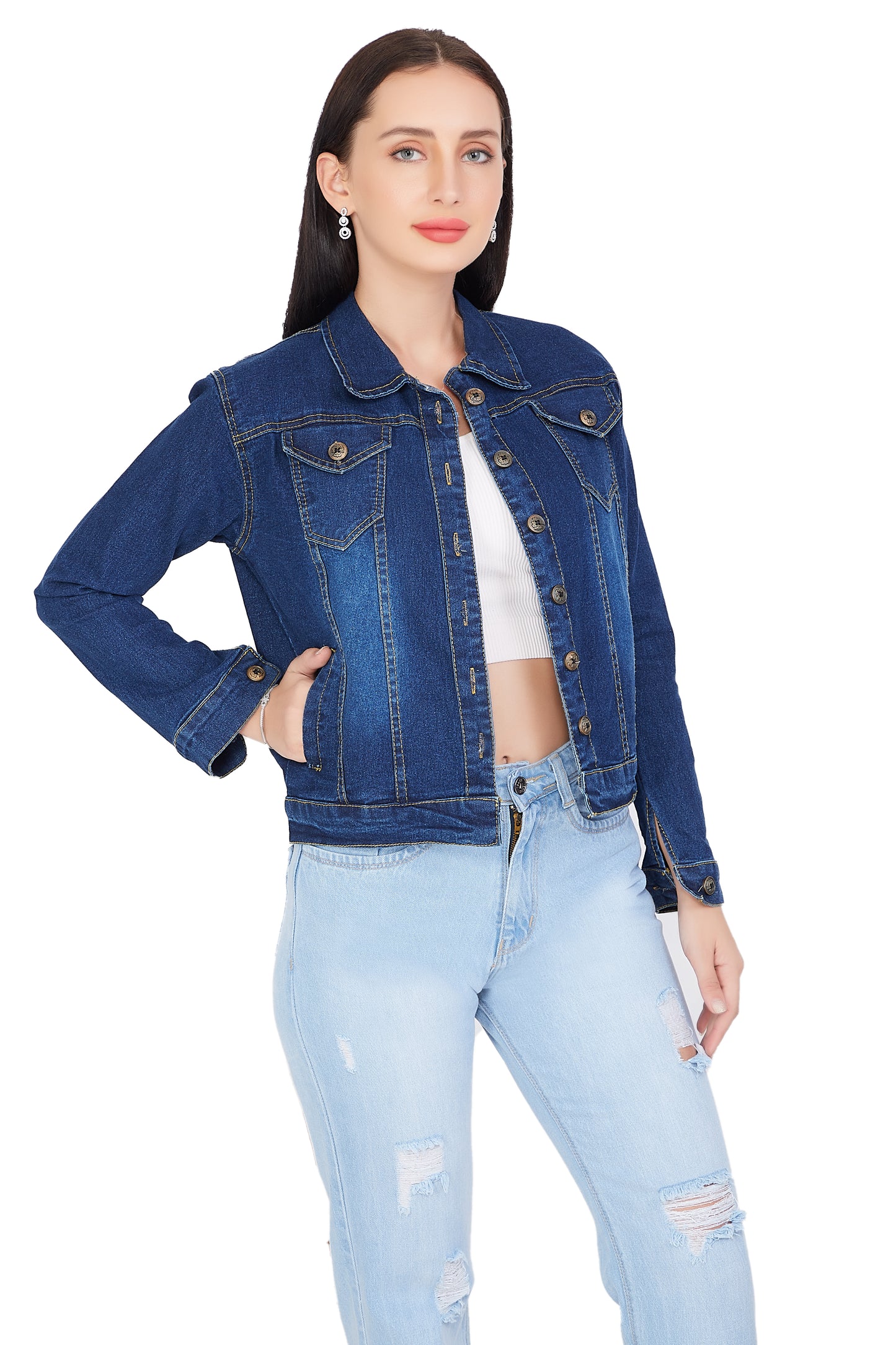 Front view of a model wearing Cefalu®️ Dark Blue Denim Jacket for Women with full sleeves and a stand collar