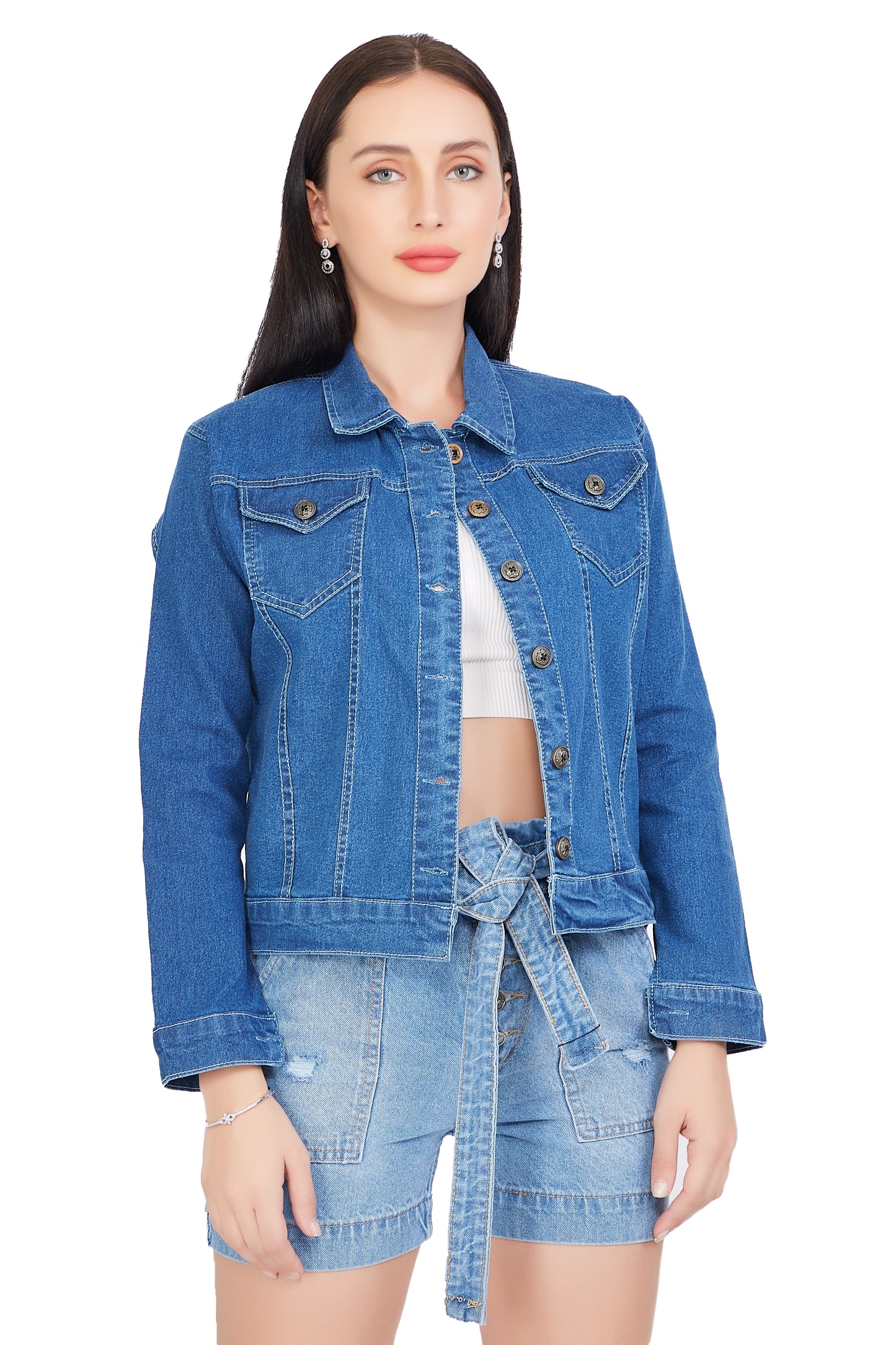 Front view of a model wearing Cefalu®️ Solid Blue Denim Jacket for Women with full sleeves and a stand collar