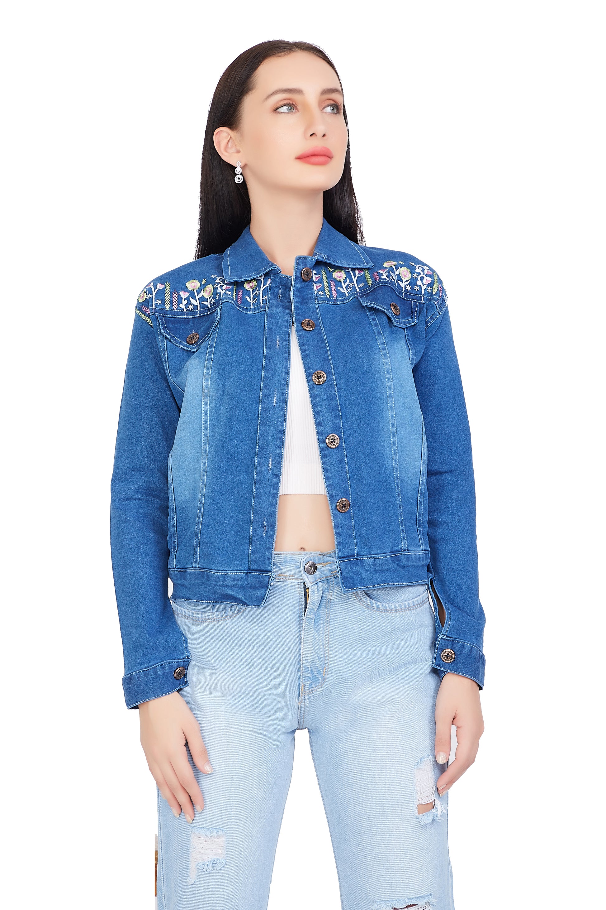 Front view of a model wearing Cefalu®️ Stylish Blue Denim Jacket for Women with embroidered design and full sleeves