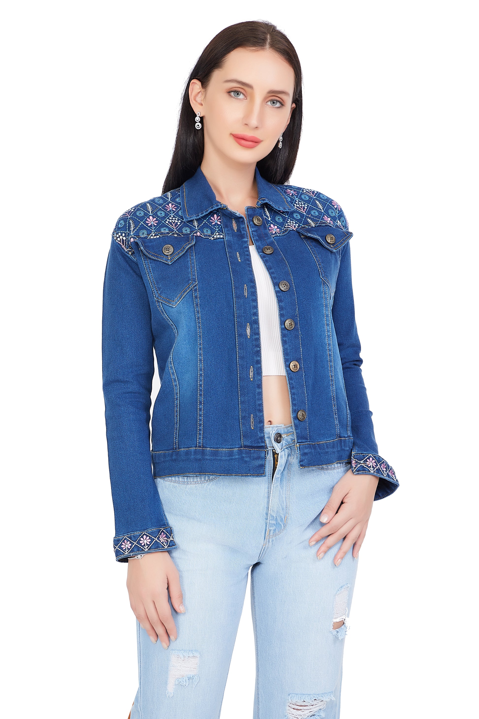 Front view of Cefalu®️ Women’s Embroidered Blue Denim Jacket, showcasing the detailed embroidery, full-length sleeves, and stand collar.