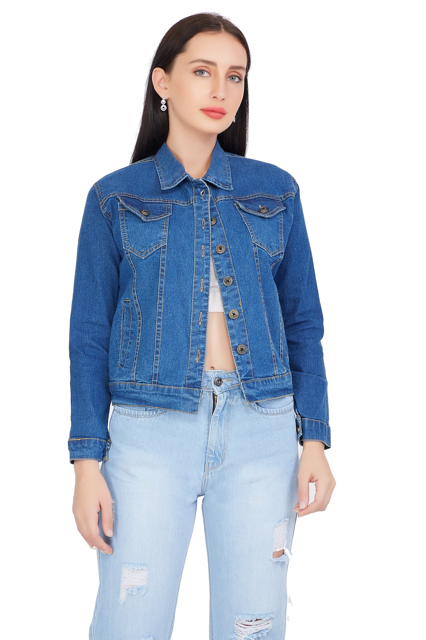 Front view of Cefalu®️ Women’s Blue Denim Jacket, featuring a solid blue color, full-length sleeves, and a stand collar.