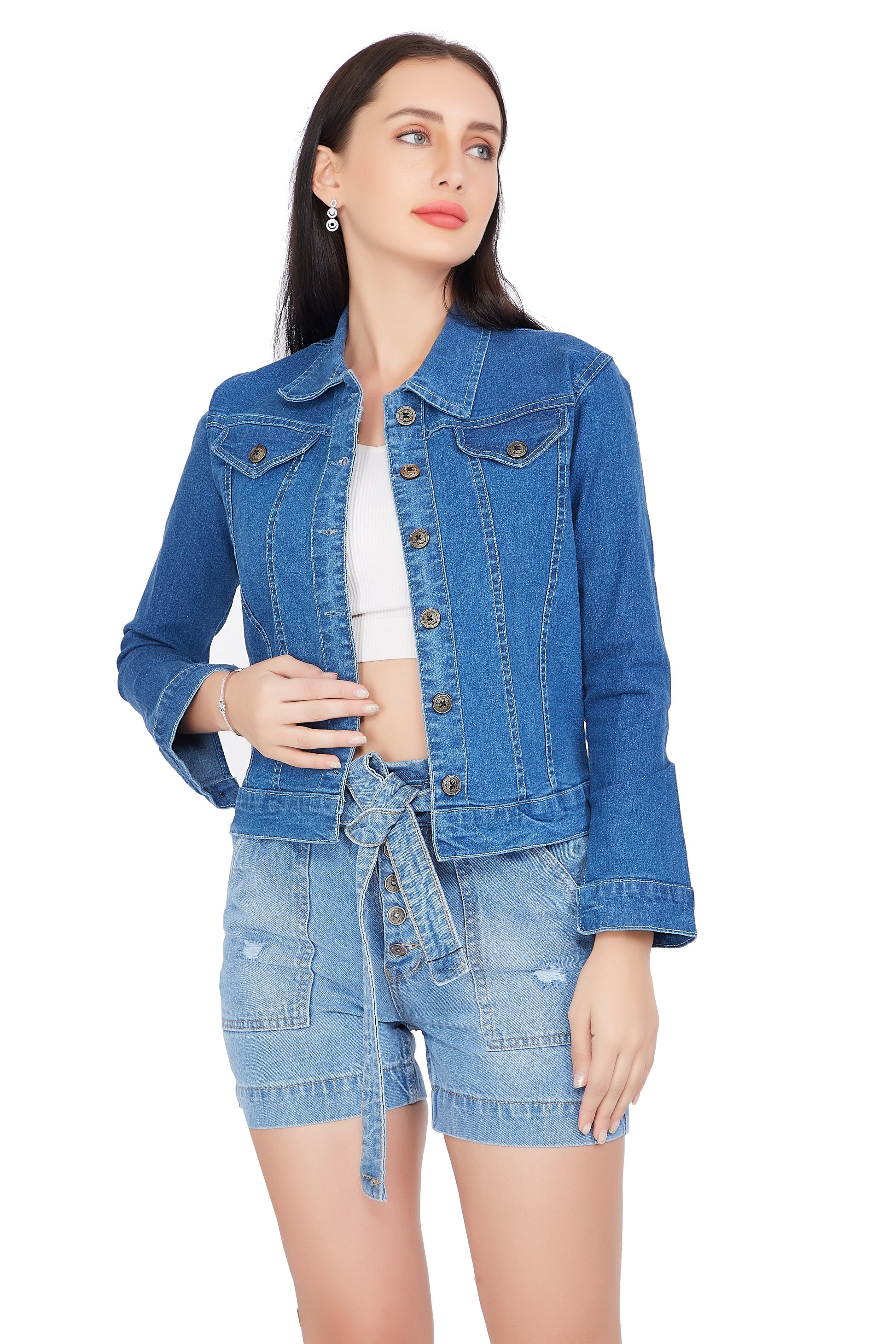 Front view of Cefalu®️ Women’s Blue Denim Jacket, featuring a stand collar, full-length sleeves, and a classic solid blue design.