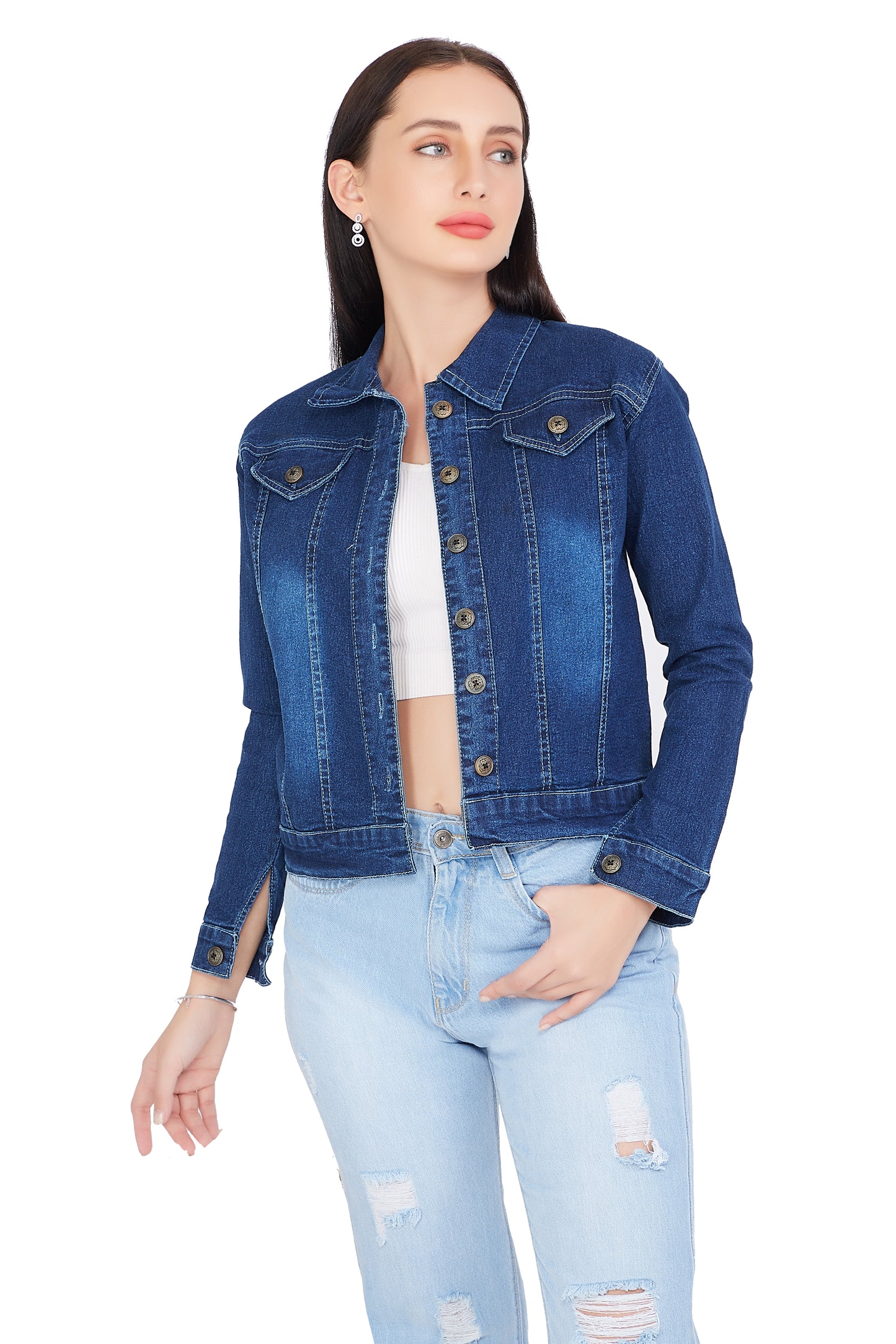 Front view of Cefalu®️ Women’s Dark Blue Washed Denim Casual Jacket, showcasing its full-length sleeves, stand collar, and classic dark blue washed finish.