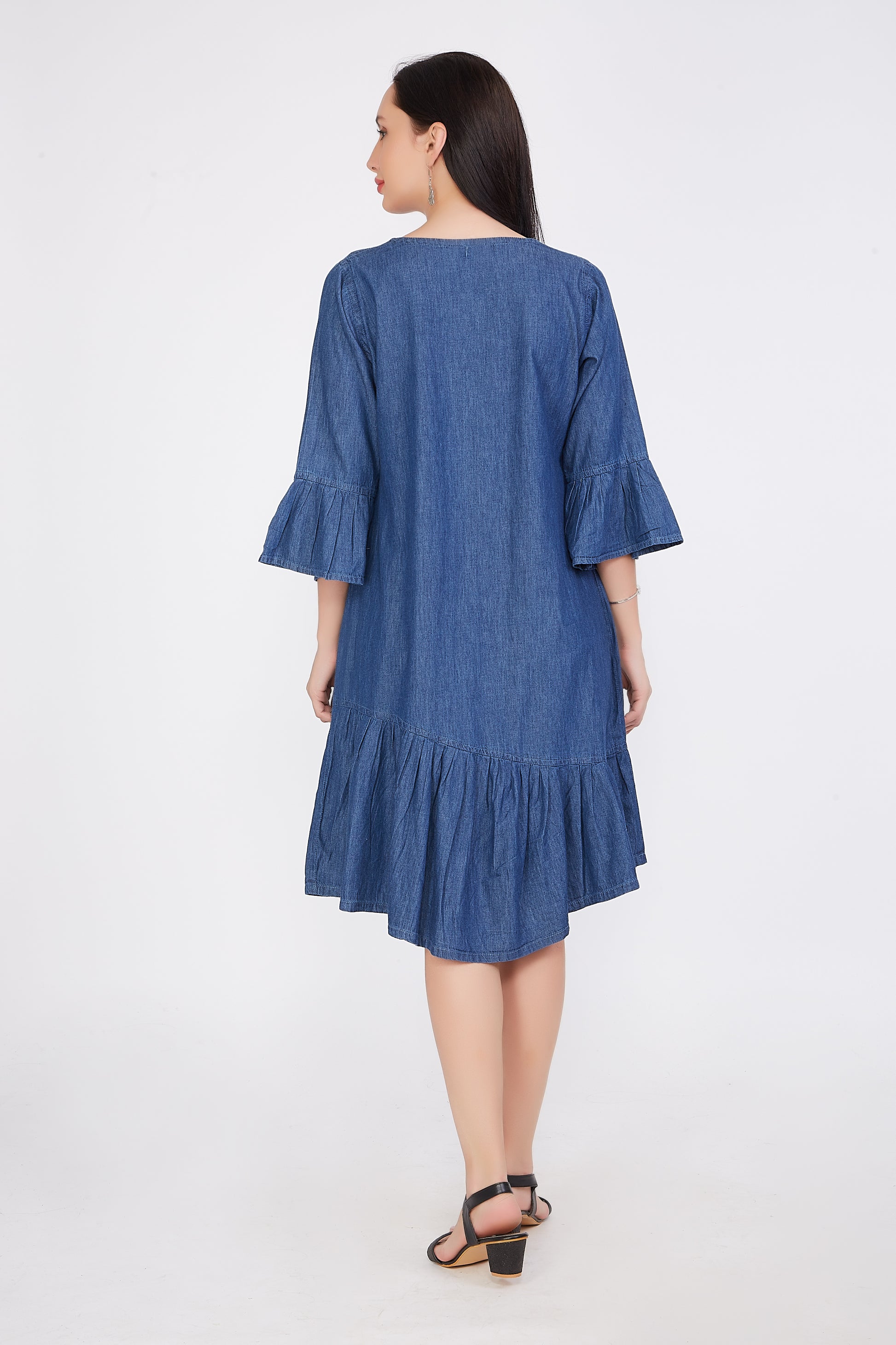 Back view of Cefalu®️ Women’s A-Line Blue Denim Dress showing the full length and overall A-line silhouette.