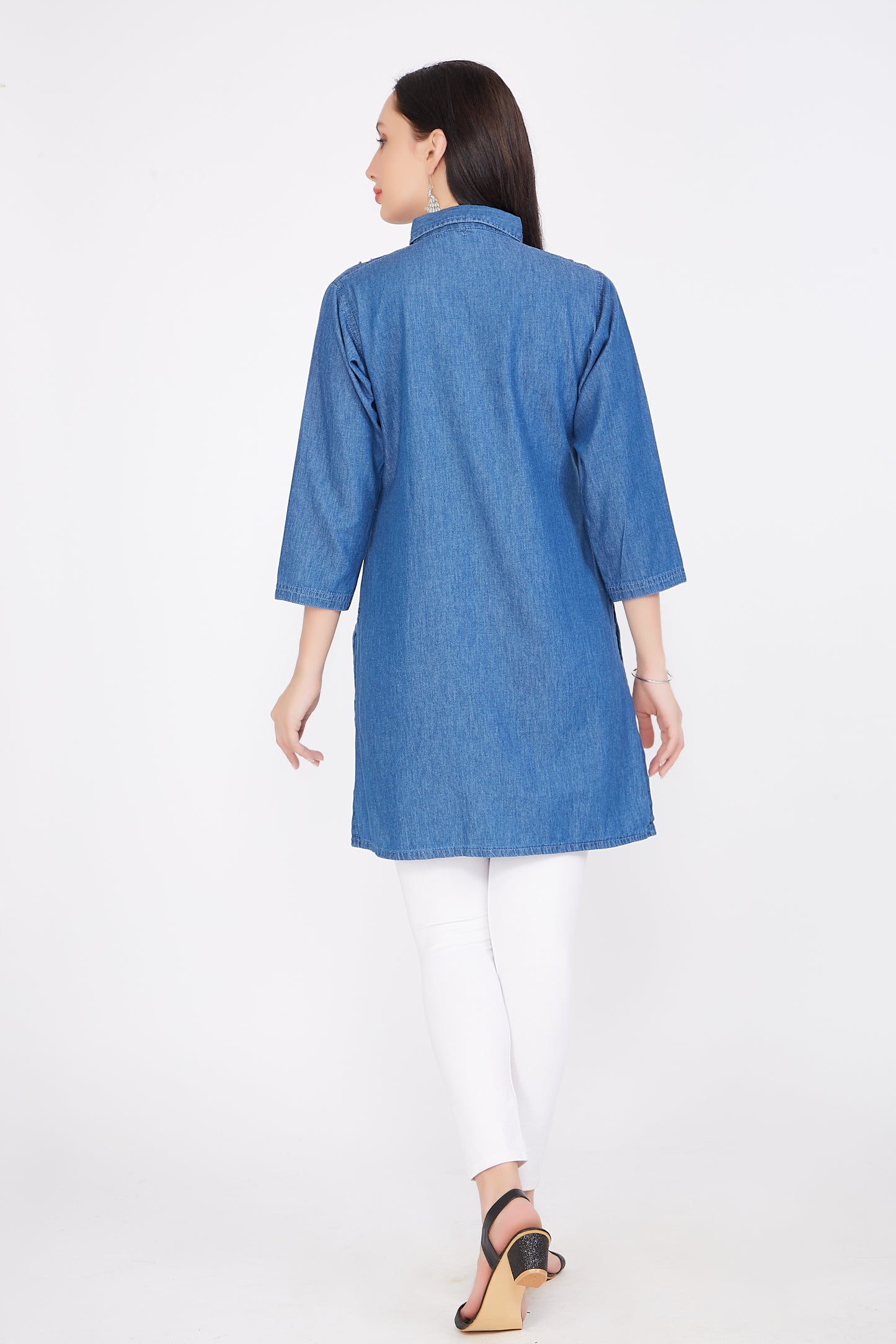 Back view of Cefalu®️ Women’s Blue Cotton Blend Denim Kurti showing the full length and overall design.