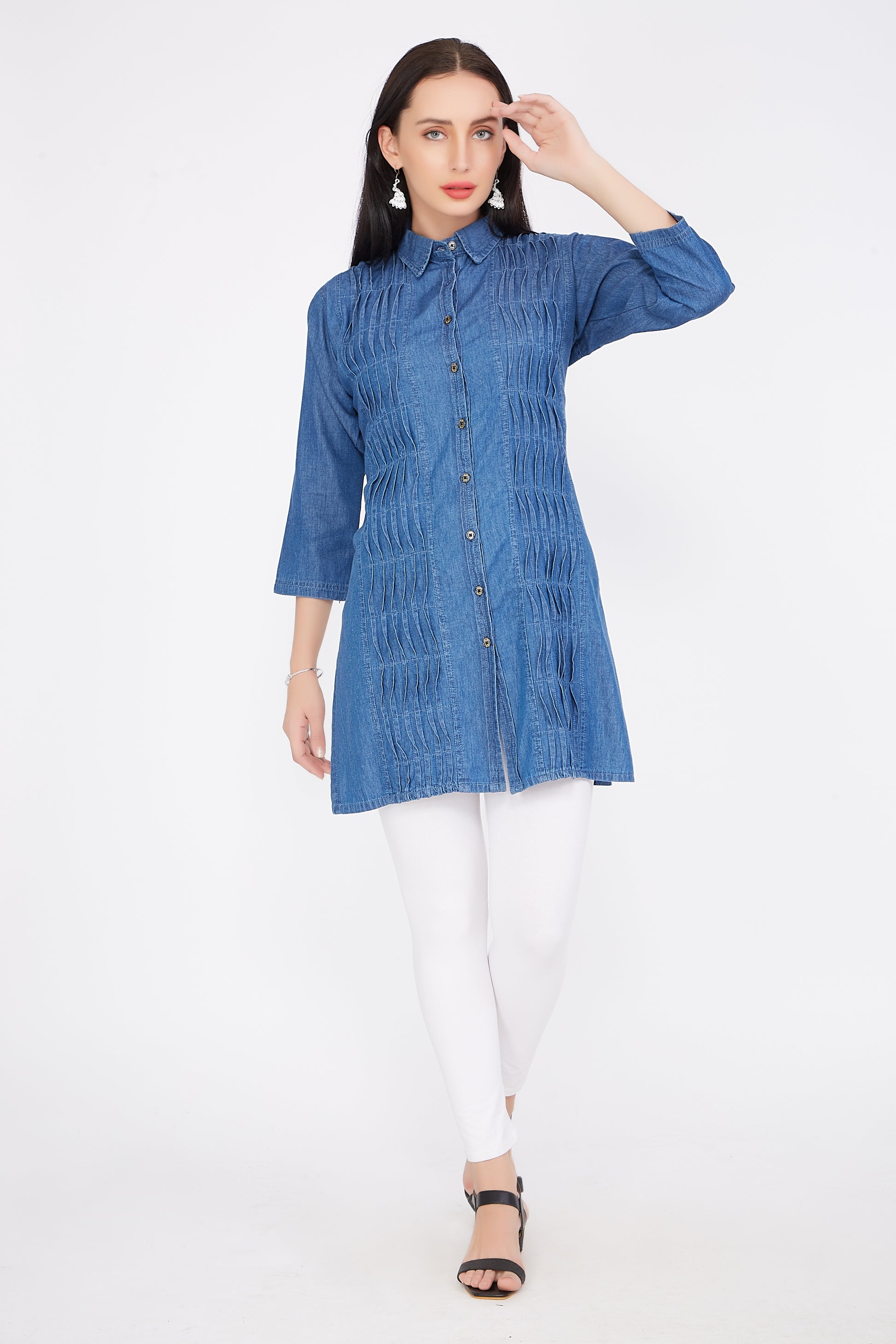 Front view of Cefalu®️ Women’s Blue Cotton Blend Denim Kurti, featuring a short, straight cut with a shirt collar and full front button closure.