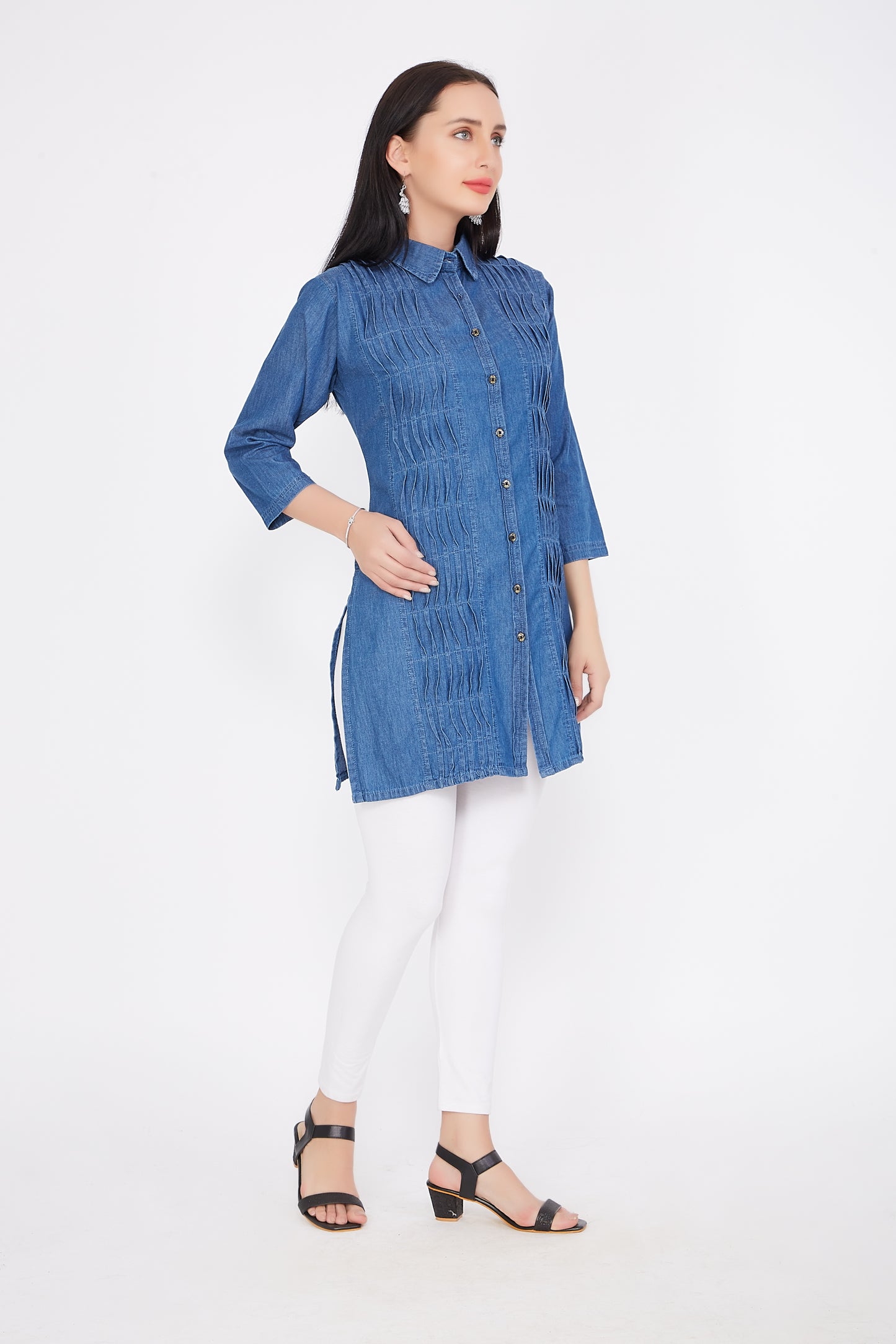 Side view of Cefalu®️ Women’s Blue Cotton Blend Denim Kurti, emphasizing the short length and 3/4 sleeves.