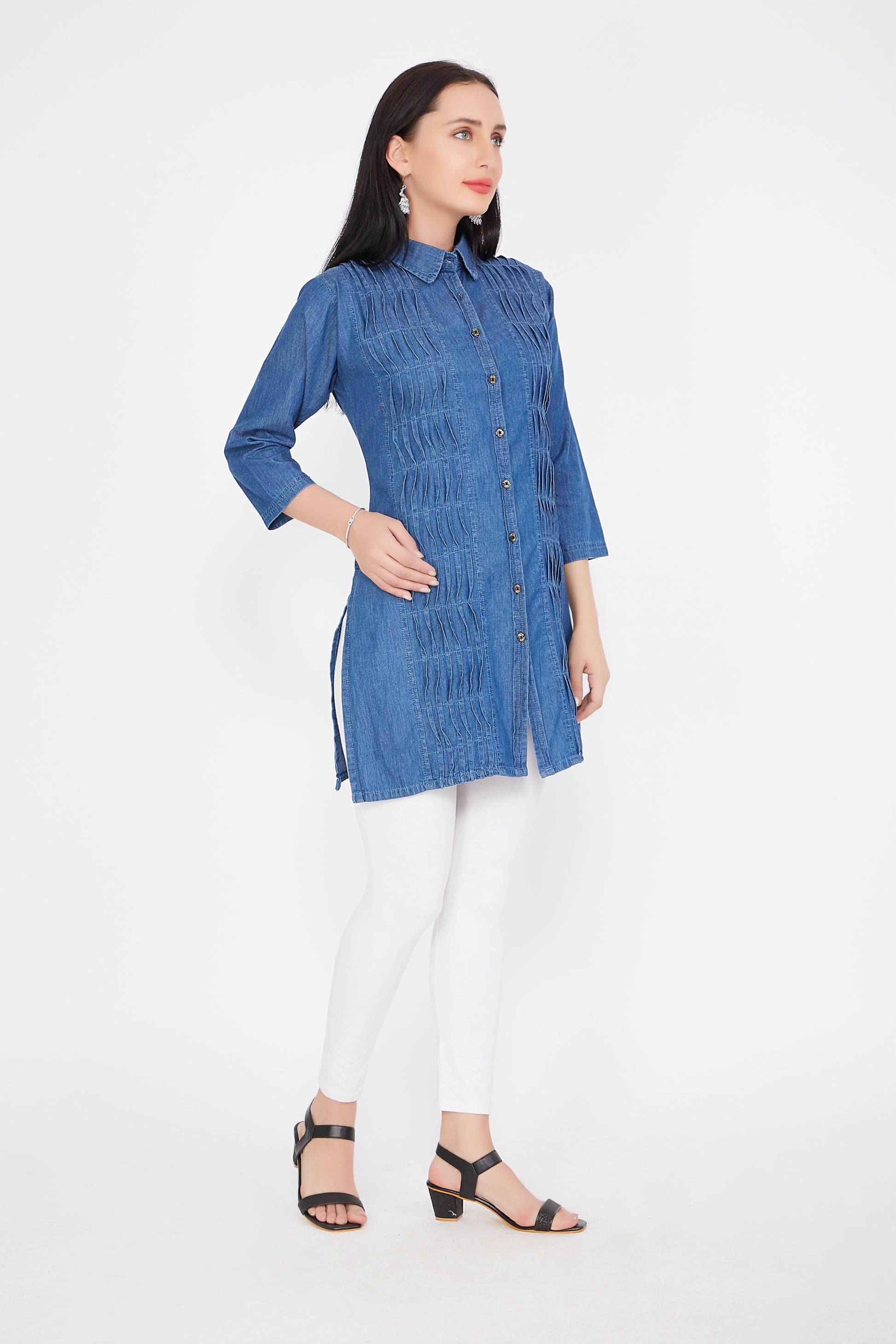 Side view of Cefalu®️ Women’s Blue Cotton Blend Denim Kurti, emphasizing the short length and 3/4 sleeves.