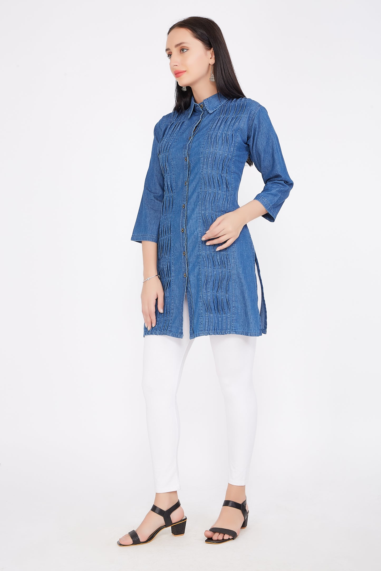 View of the shirt collar and full front button closure on Cefalu®️ Women’s Blue Cotton Blend Denim Kurti, showcasing the detailed design.