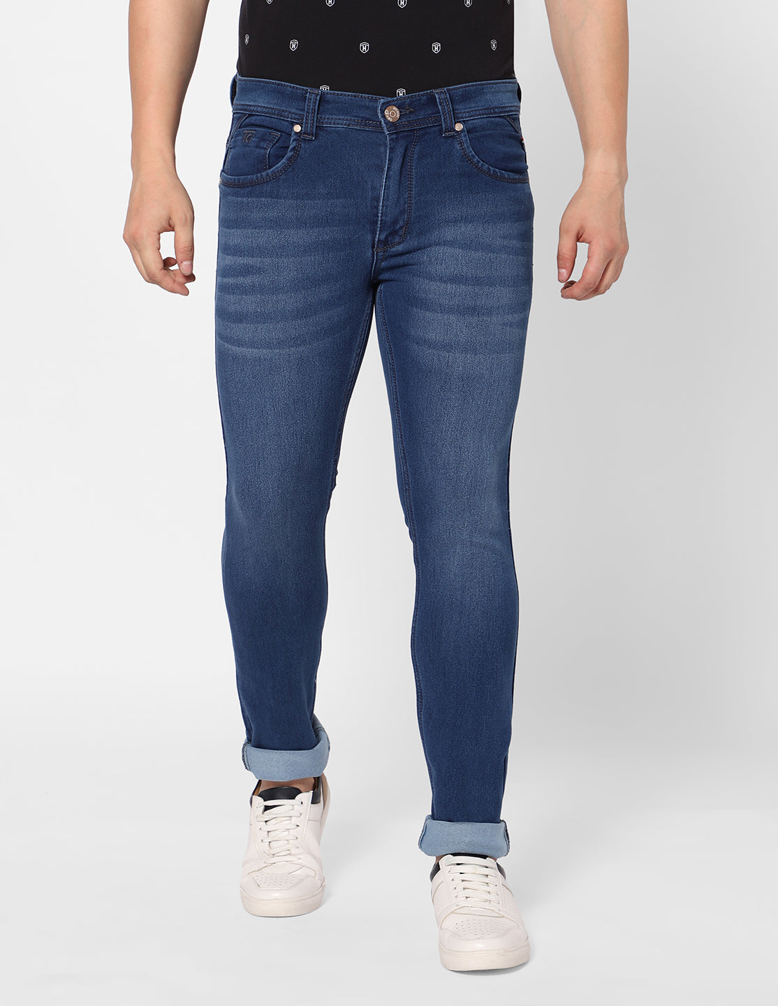 Front view of TCI Men’s Dark Blue Jeans, showing off the slim fit and clean design.