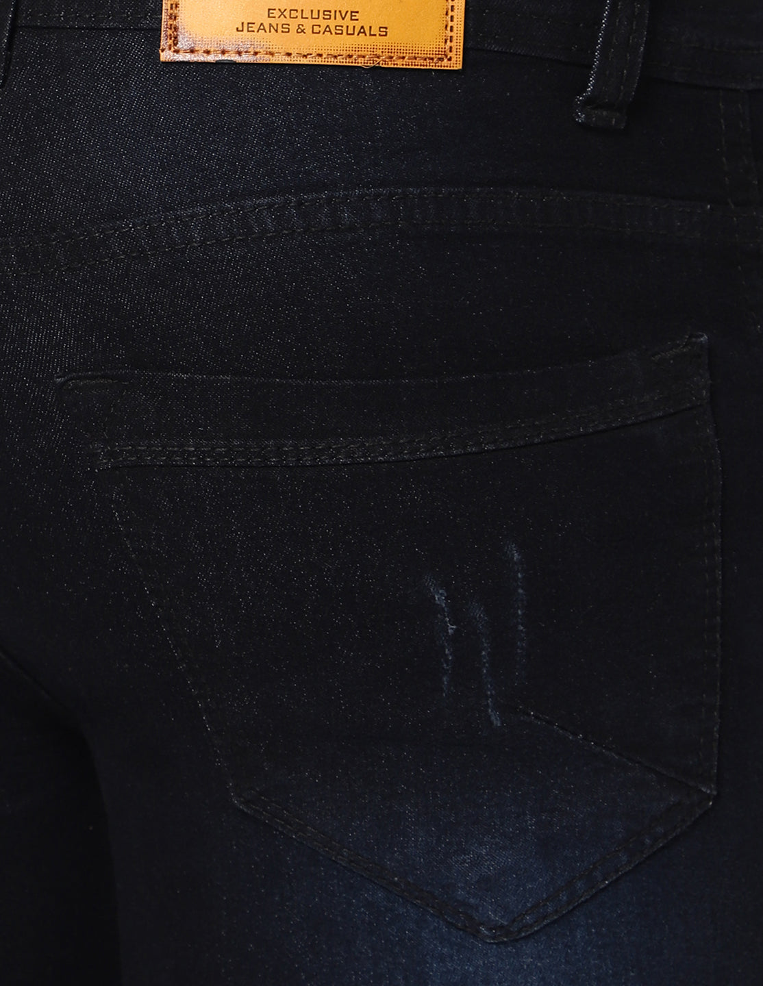 Close-up of the back pocket on TCI Men’s Black Denim Shorts, highlighting the design and stitching details.