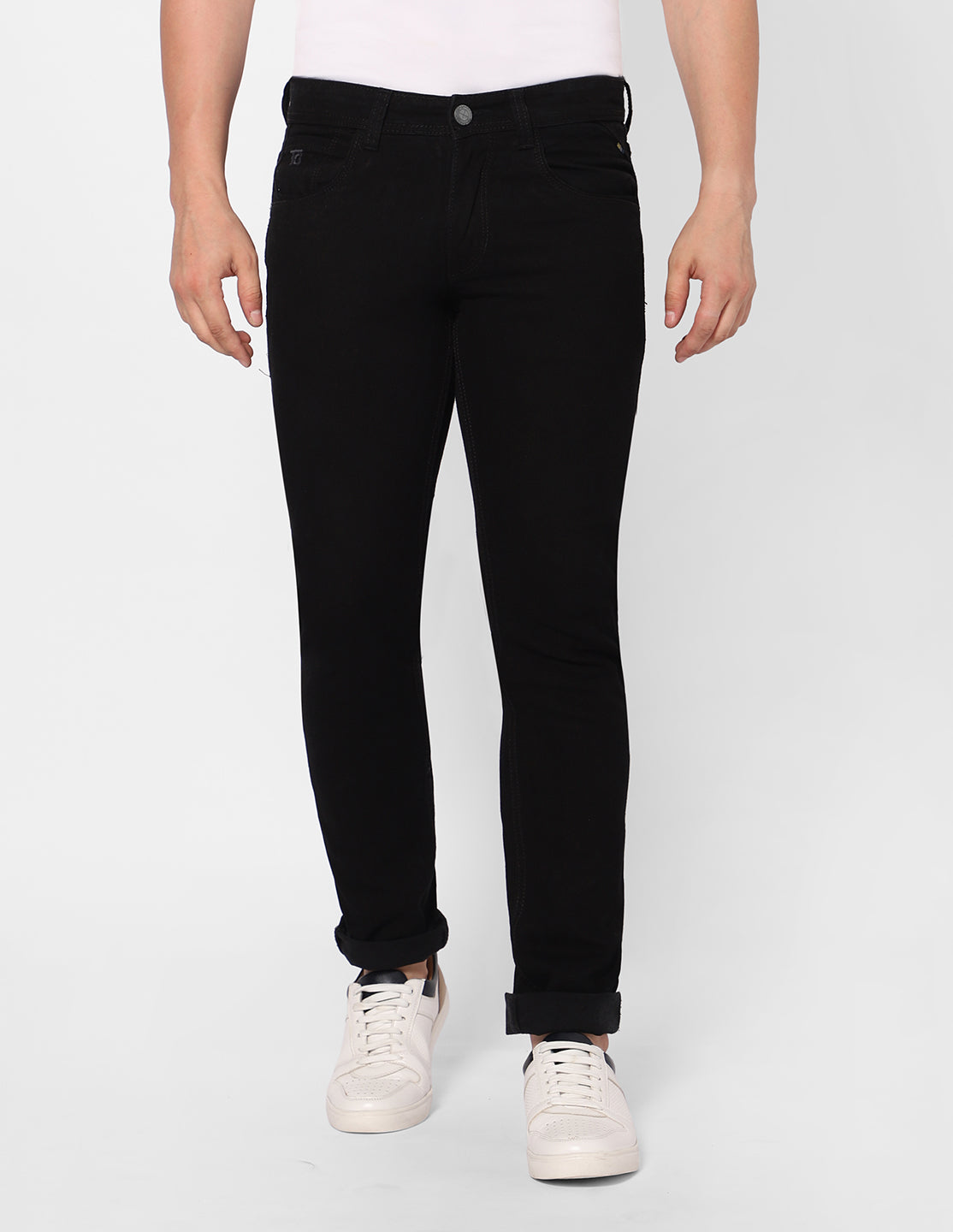 Front view of TCI Men's Regular Fit Stretchable Black Denim Jeans, showcasing a sleek and classic look.