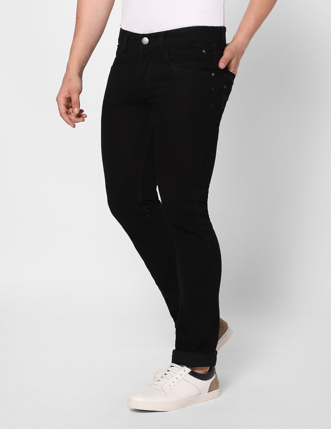 Side view of TCI Men's Regular Fit Stretchable Black Denim Jeans, emphasizing the slim profile and clean lines.