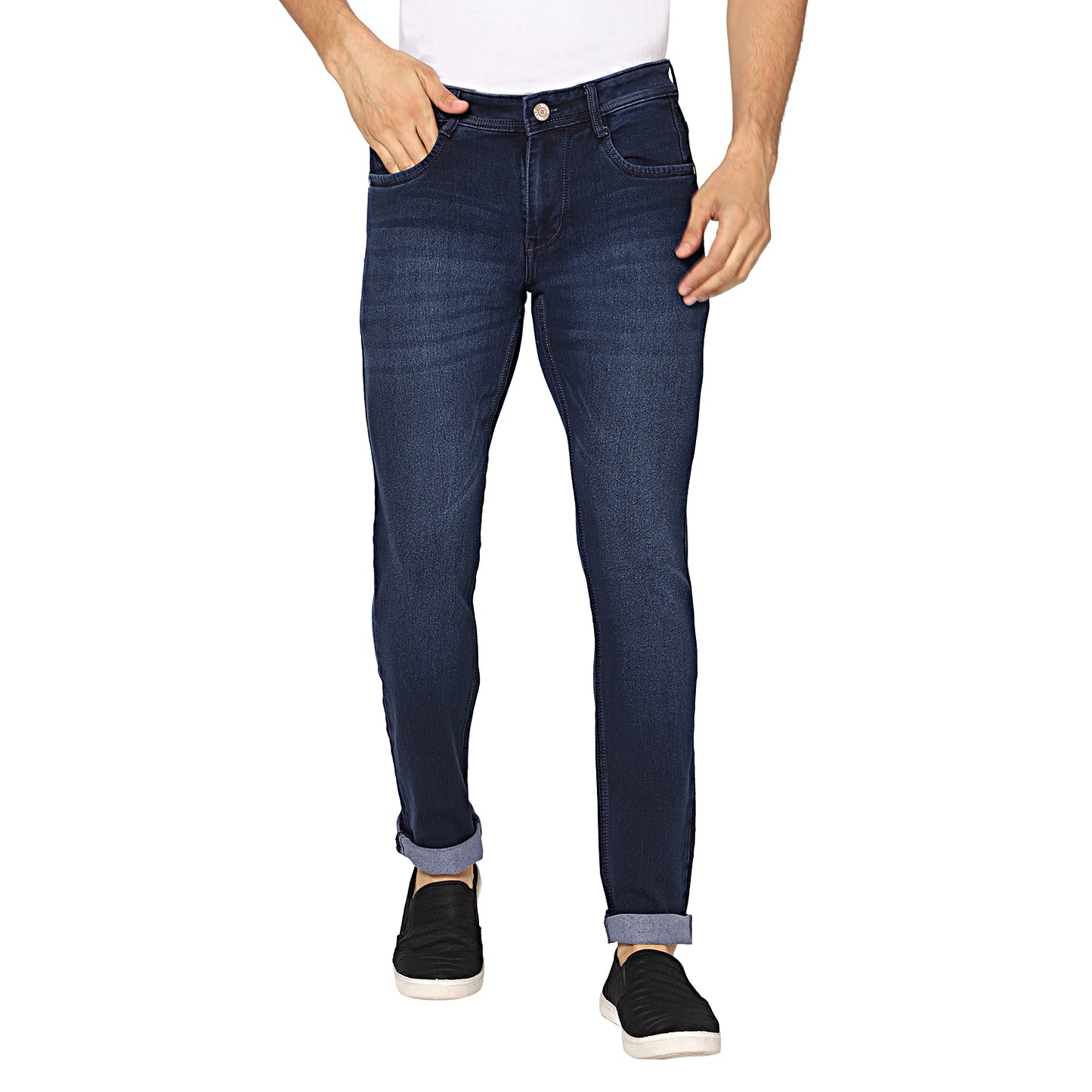 Front view of TCI Men’s Dark Blue Stretchable Jeans, featuring a regular fit and mild distressing. The jeans are crafted from a cotton-poly blend, showcasing a classic and versatile look.