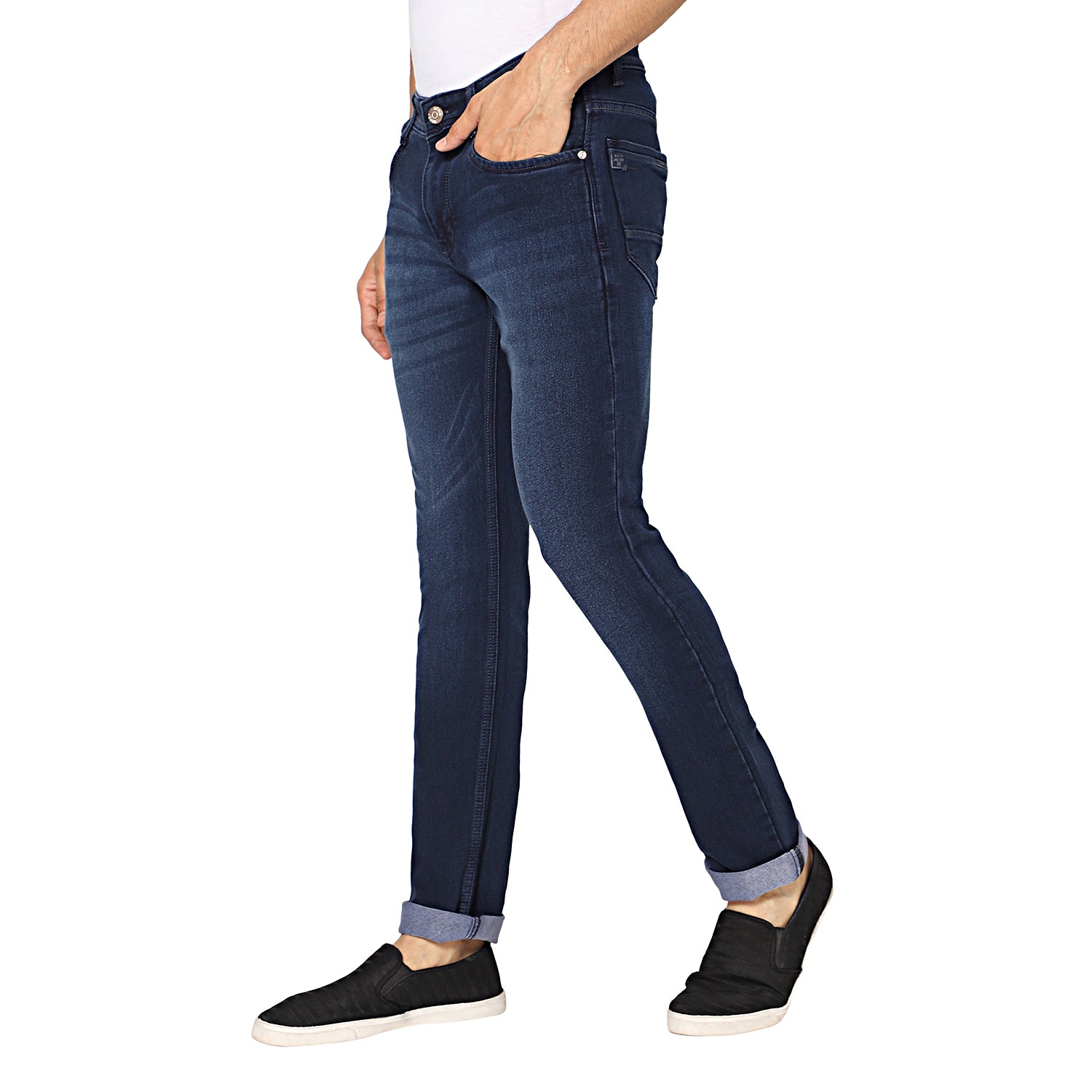 Side view of TCI Men’s Dark Blue Stretchable Jeans, demonstrating the sleek profile, stretchable fabric, and regular fit. The jeans are made from a cotton-poly mix for added comfort.