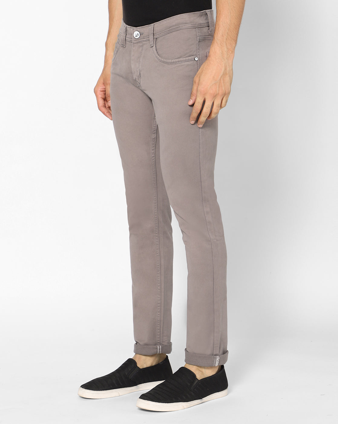 Side view of TCI Men’s Aish Grey Cotton Jeans, showcasing the slim, regular fit and stylish ash grey color.