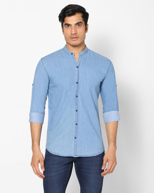 Front view of TCI Men’s Light Blue Cotton Denim Shirt with mandarin collar and button-front.