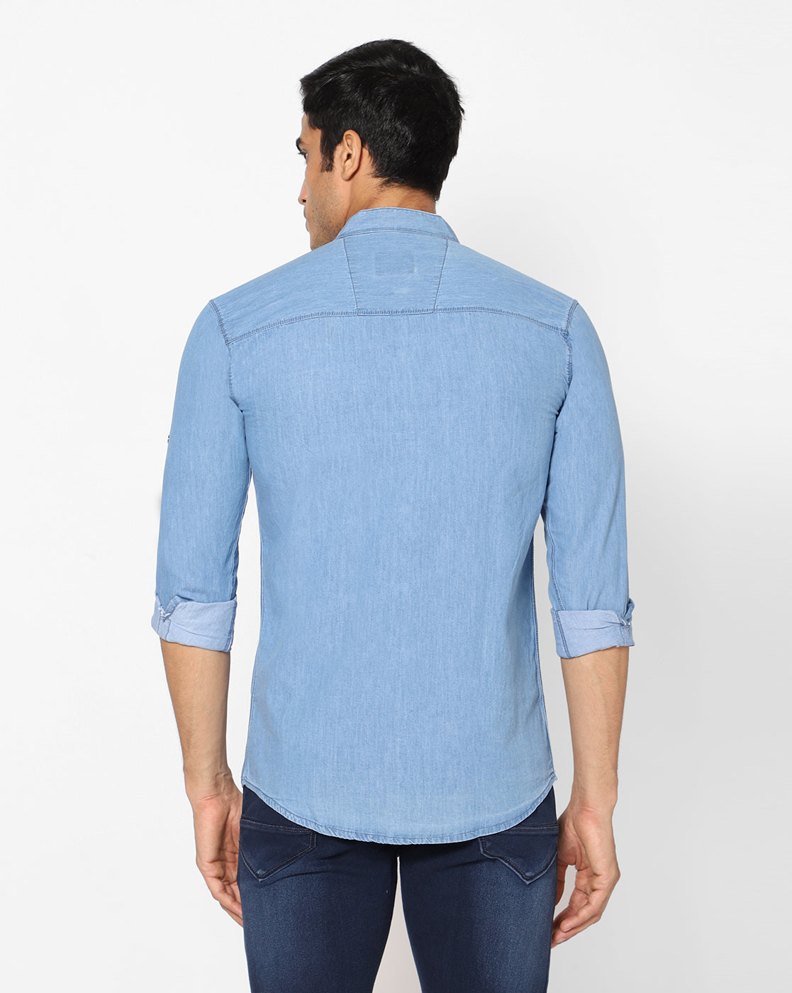 Back view of TCI Men’s Light Blue Cotton Denim Shirt showing the regular fit and smooth design.