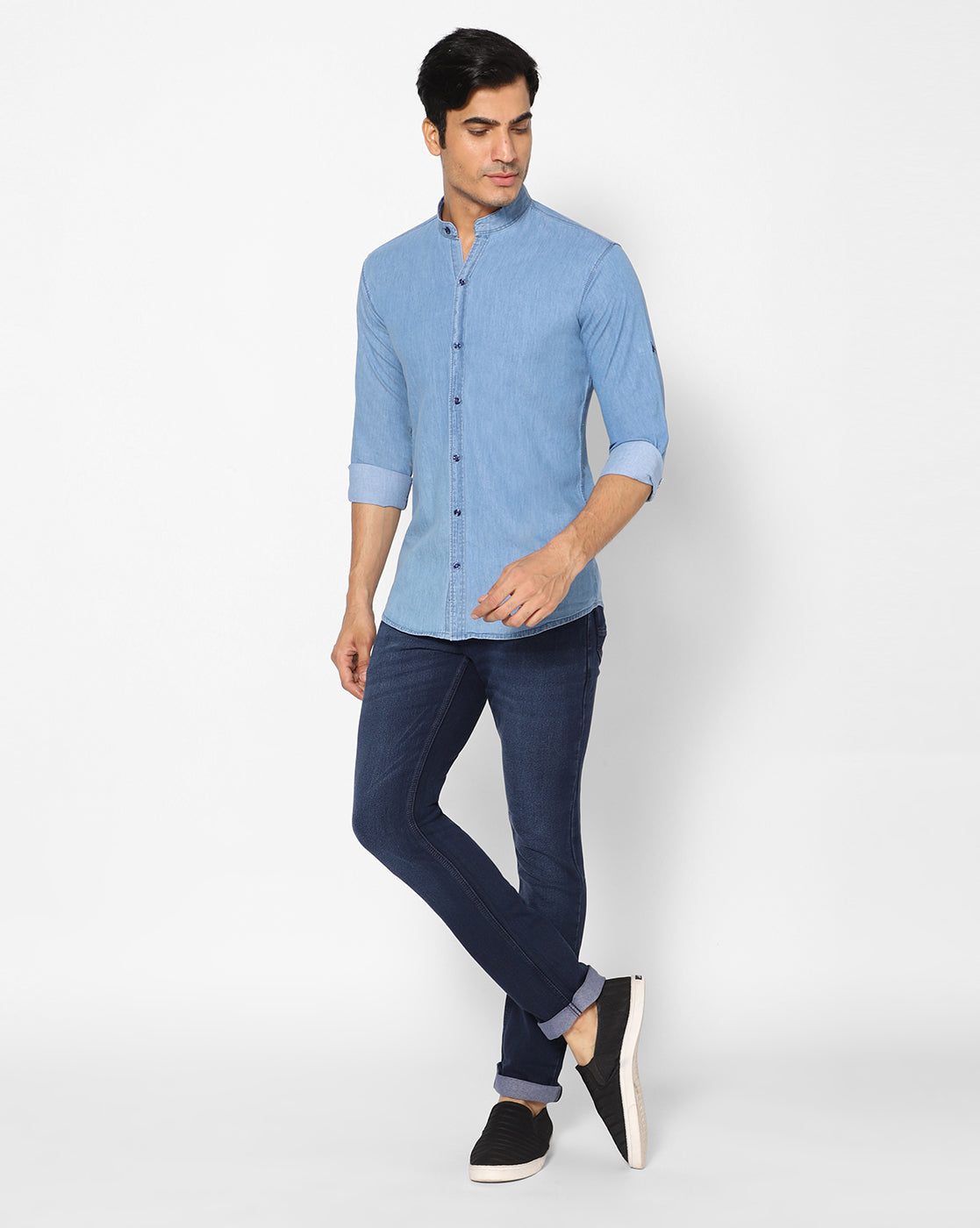 Model wearing TCI Men’s Light Blue Cotton Denim Shirt, showcasing its casual style and fit.