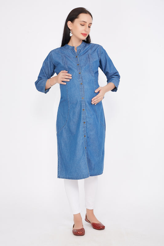 Front View of Cefalu Women's Blue Maternity Denim Kurti - Long Cotton Blend with Full Button Design and Mandarin Collar