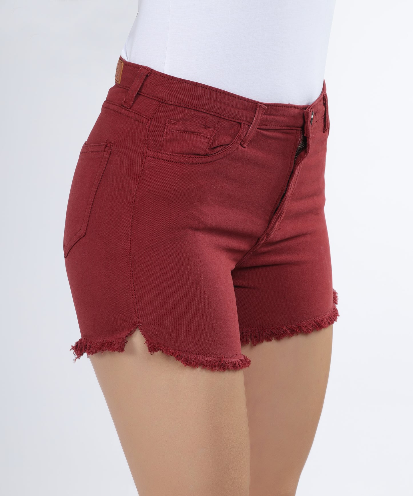 Closeup of Cefalu Women’s Rust Denim Shorts Fabric and Details