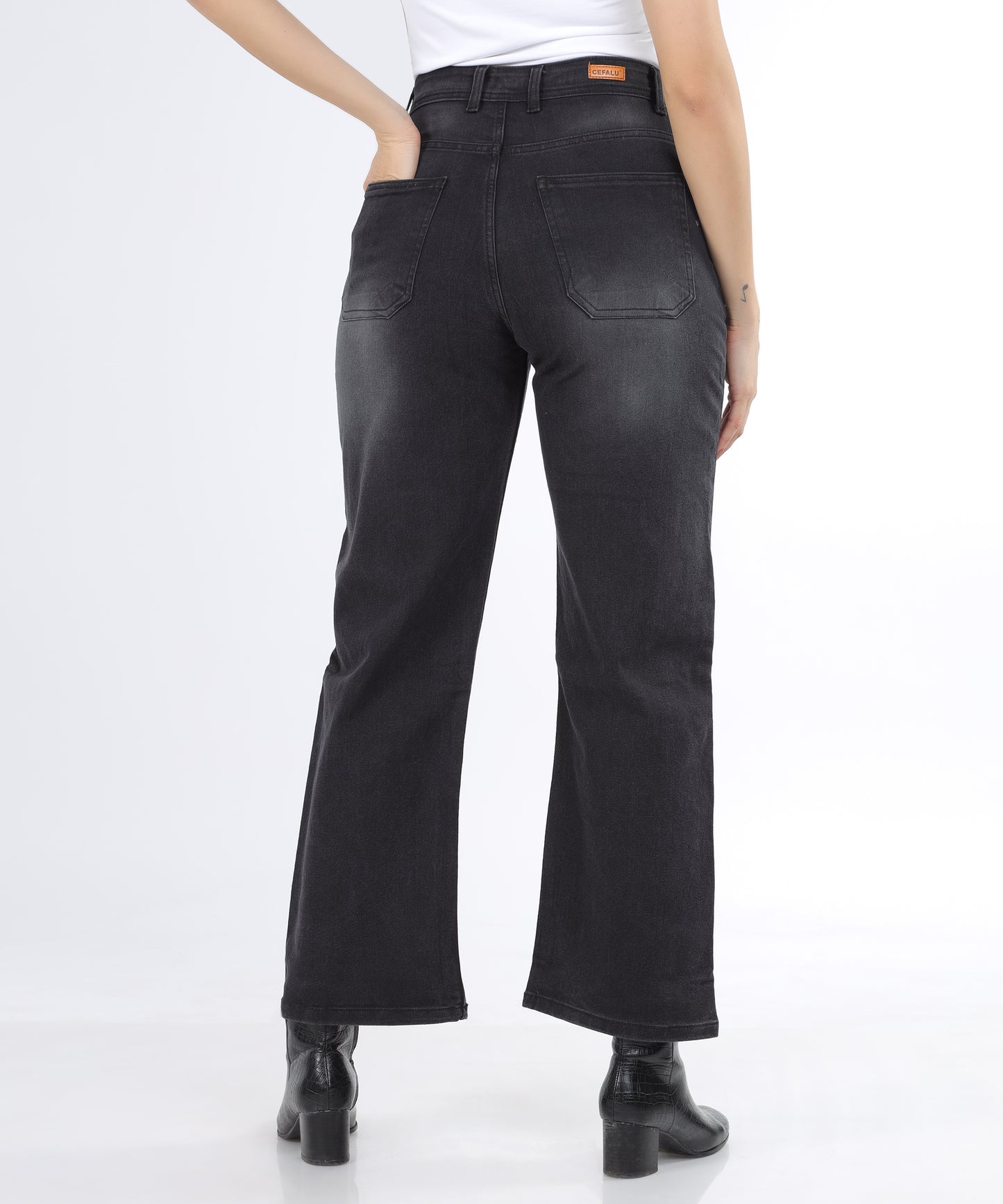 Back view of Cefalu Women’s Relaxed Fit Wide Leg Black Jeans, highlighting the stylish design.