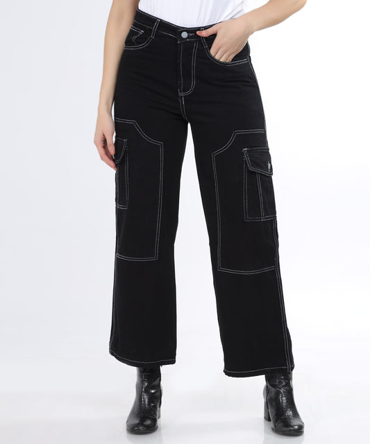 Cefalu Women’s Black Cargo Denim Jeans displayed on a neutral background.