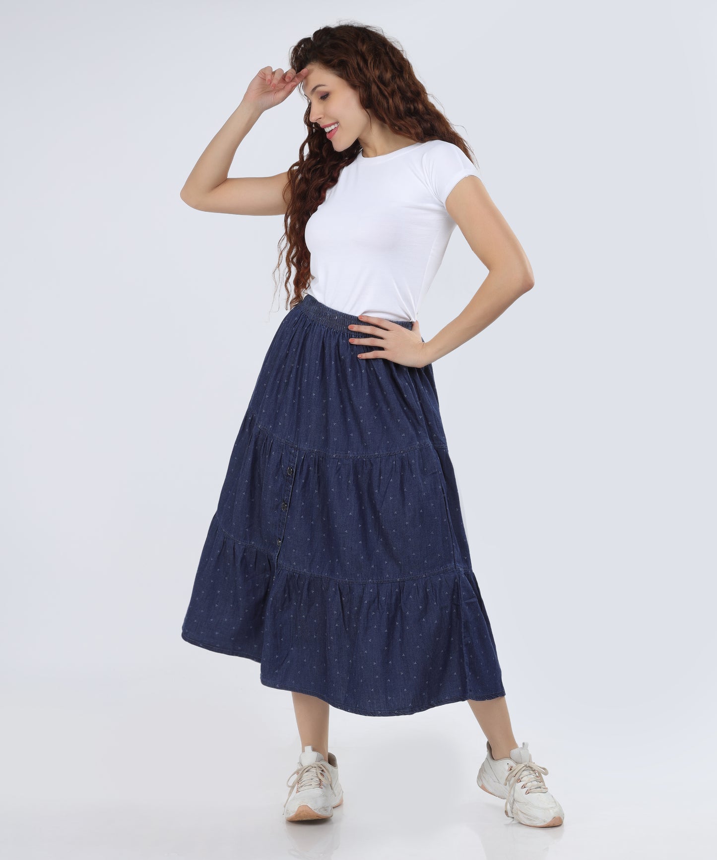 Model wearing Cefalu Women’s Denim Skirt in blue, styled with a casual top and shoes.