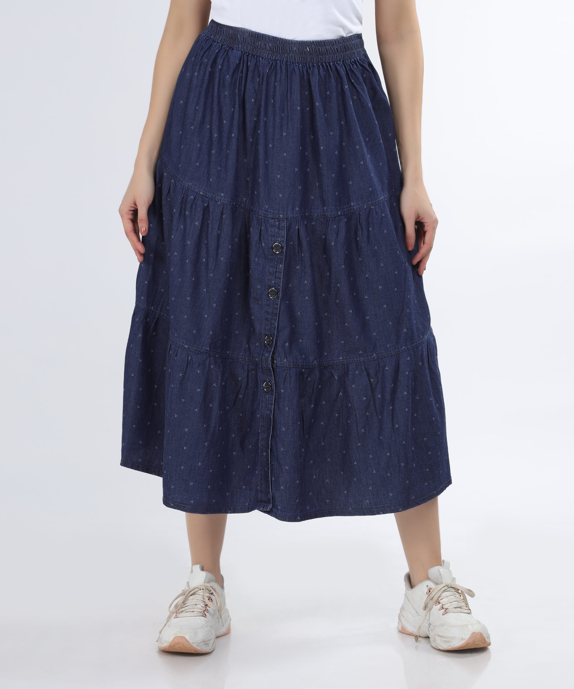 Cefalu Women’s Denim Skirt in blue with tiered design, displayed on a white background.