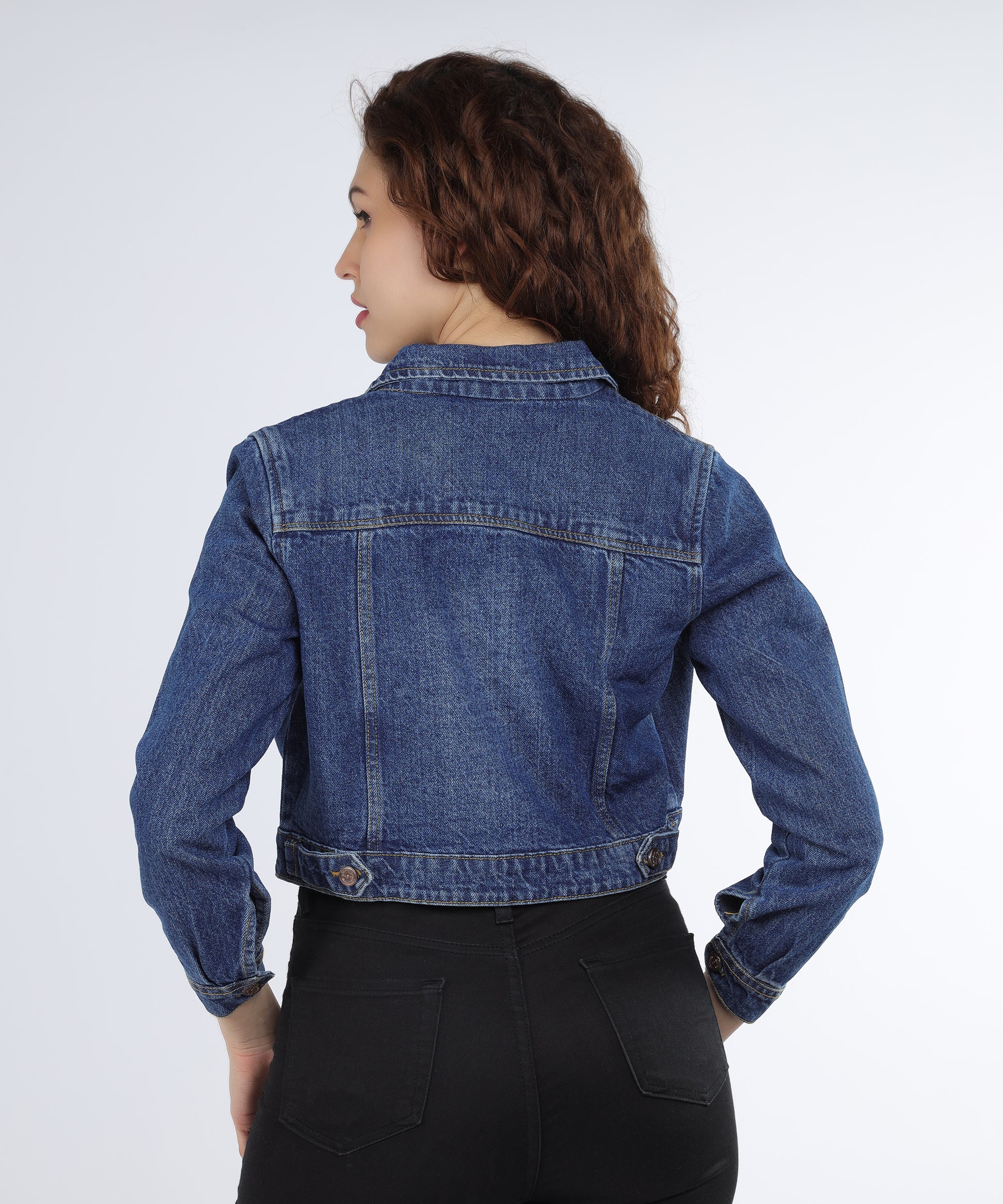 Back view of the Cefalu Women’s Dark Blue Full Sleeve Denim Jacket highlighting its modern fit.