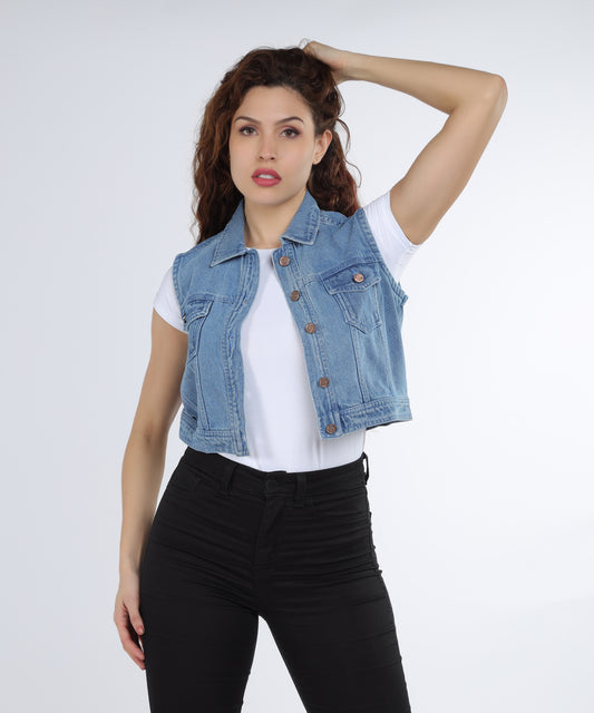 Cefalu Women’s Light Blue Denim Jacket displayed against a neutral background.