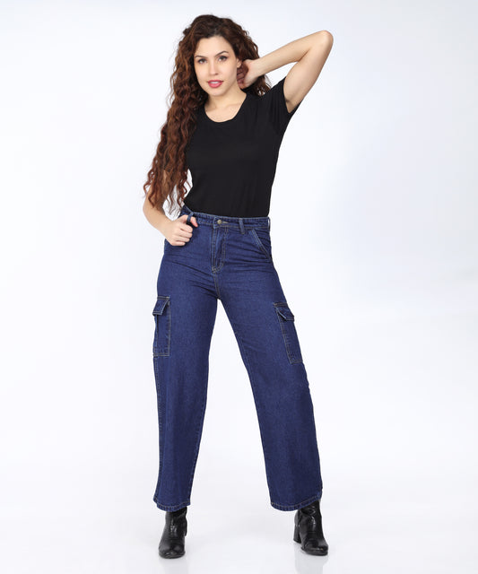 Model showcasing the Cefalu Women’s Dark Blue Cargo Denim Jeans styled for a casual outing.