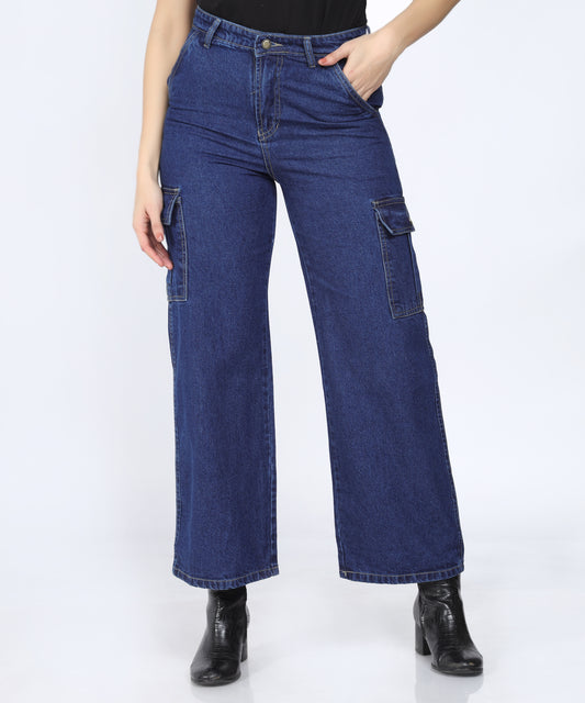 Cefalu Women’s Dark Blue Cargo Denim Jeans displayed on a neutral background.