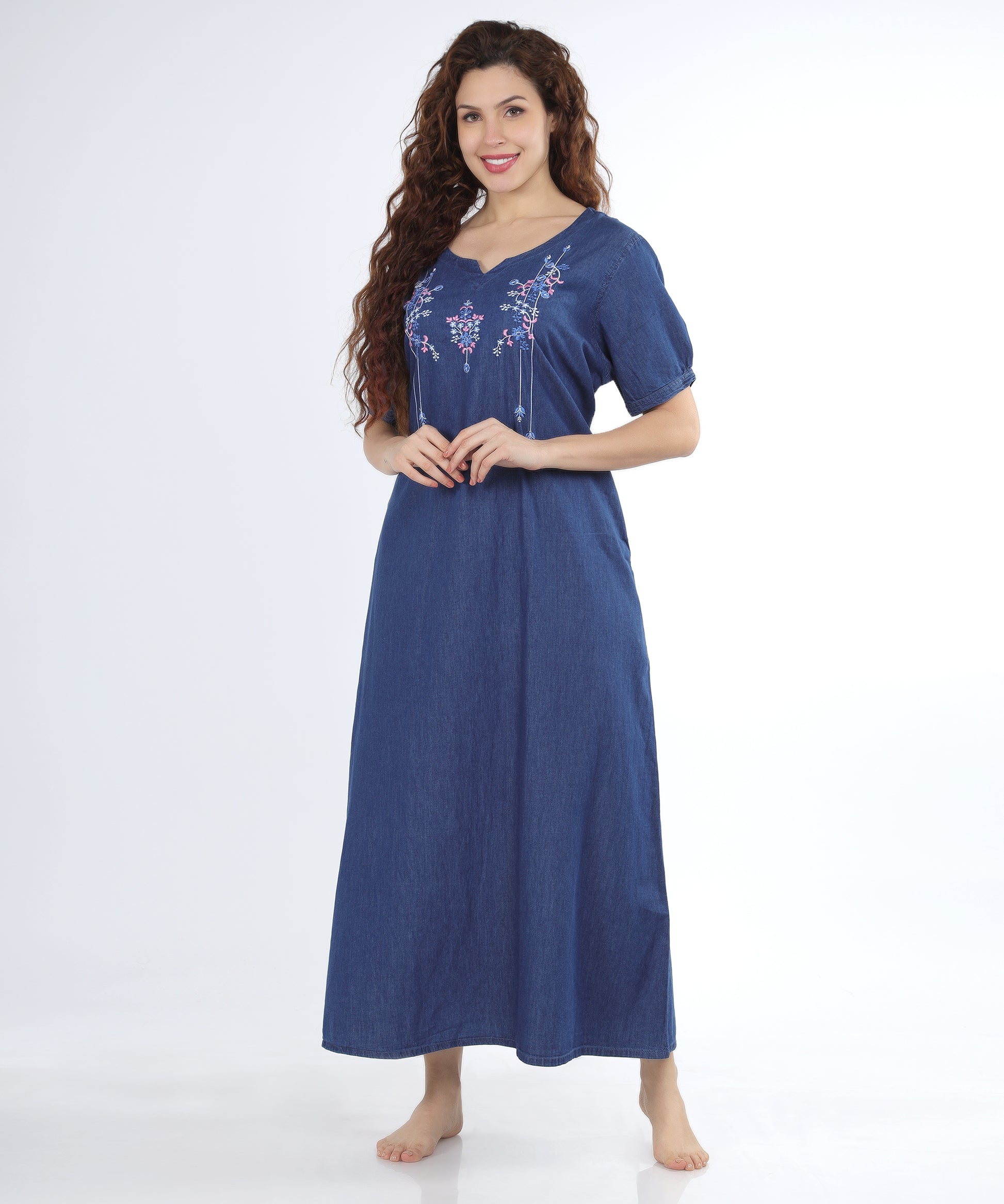 Cefalu Women’s Denim Gown in blue with a playful spiral puff design, displayed beautifully.