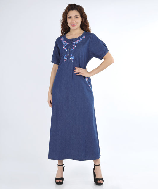 Cefalu Women’s Denim Gown in blue with spiral puff design, elegantly displayed.