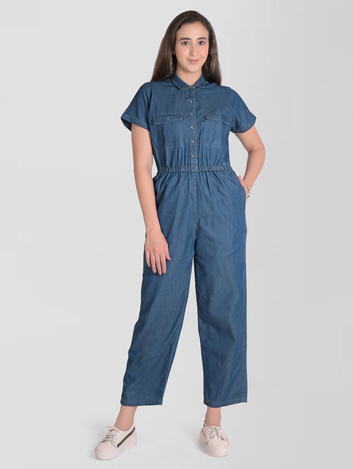 Cefalu®️ Women Denim Cotton Blue Jumpsuit